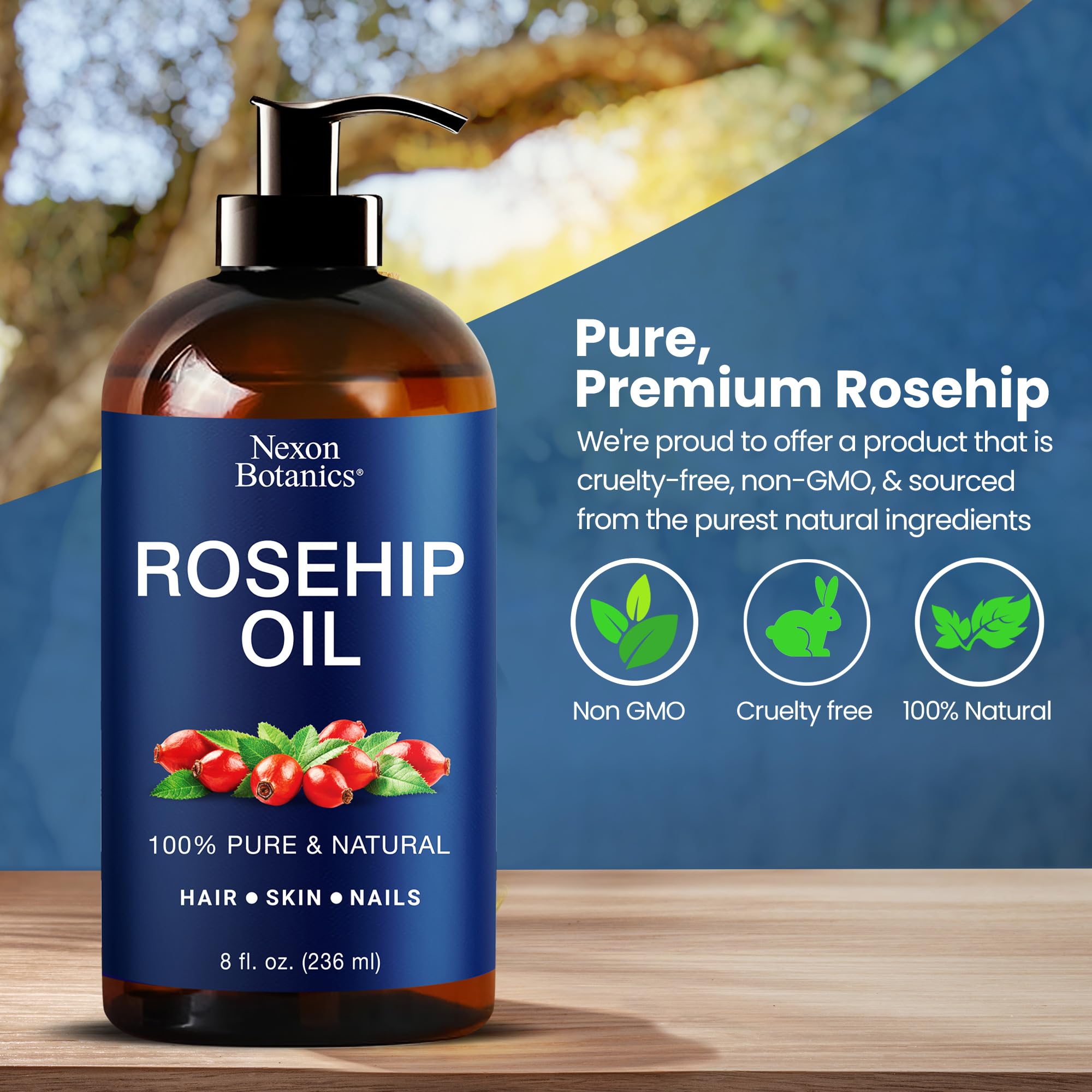 Nexon Botanics rosehip oil closeup demonstrates fast absorption for a smooth complexion.