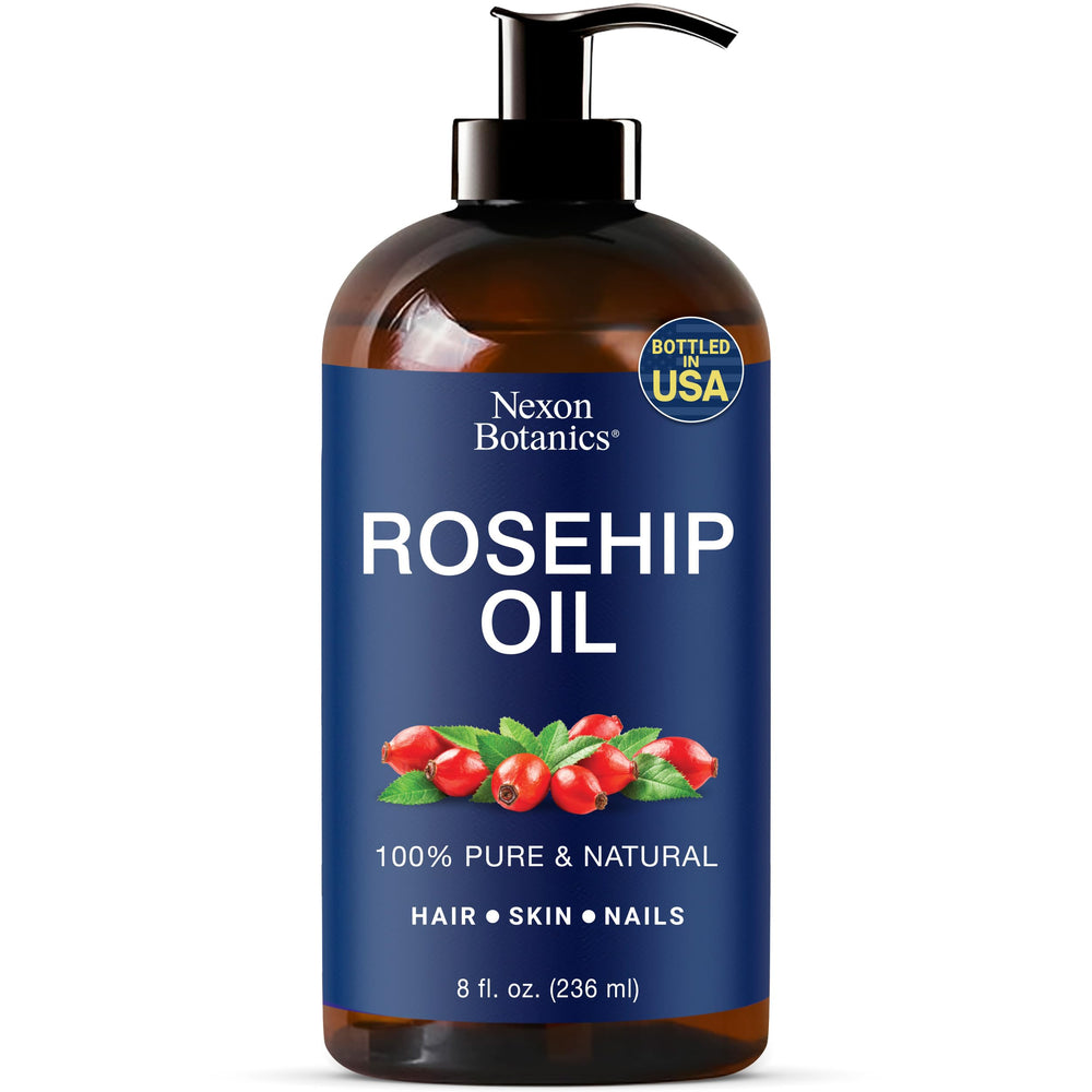 Nexon Botanics Rosehip Oil bottle on counter provides deep hydration for daily facial care.