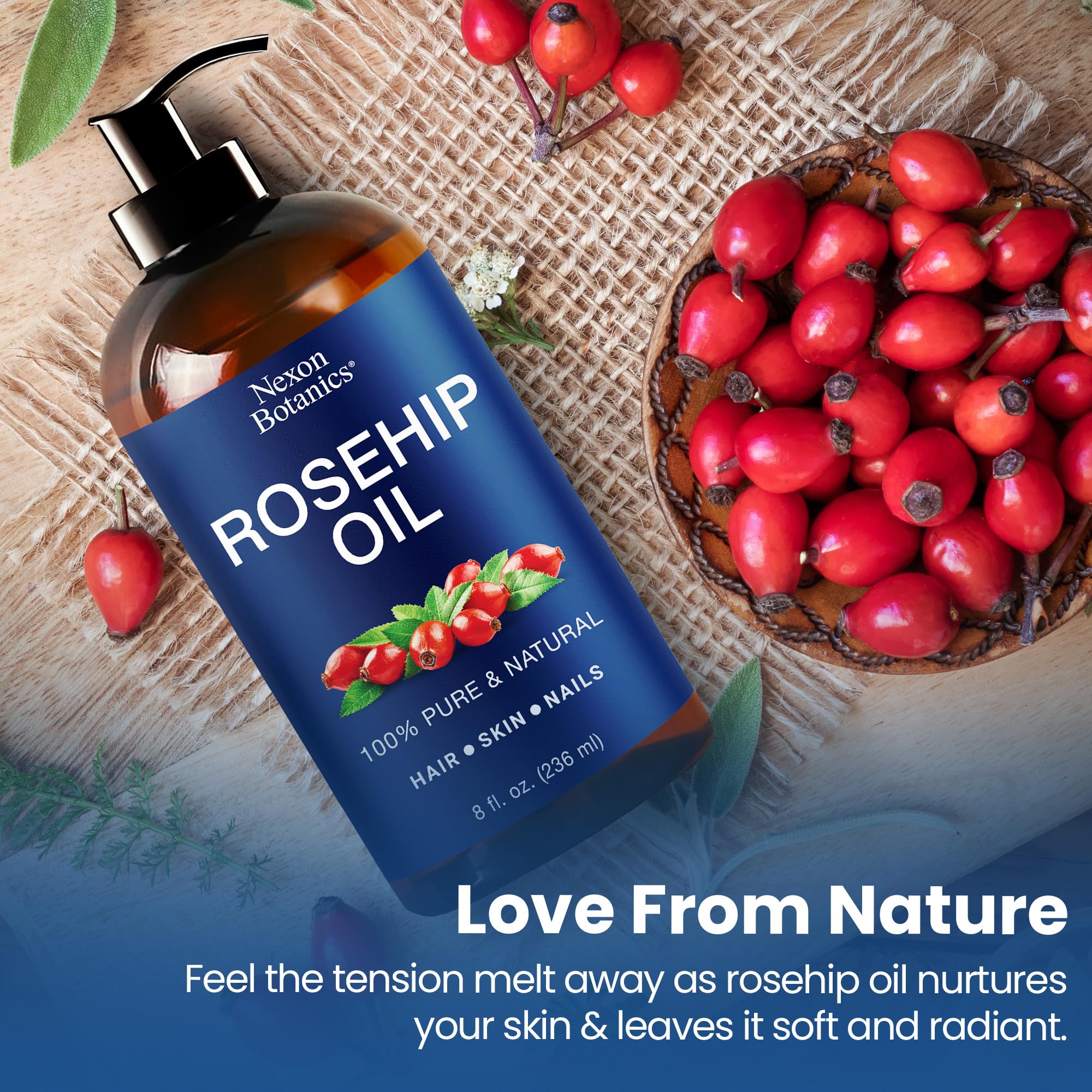 Nexon Botanics rosehip oil hexane-free bottle underscores a clean, safe formulation.
