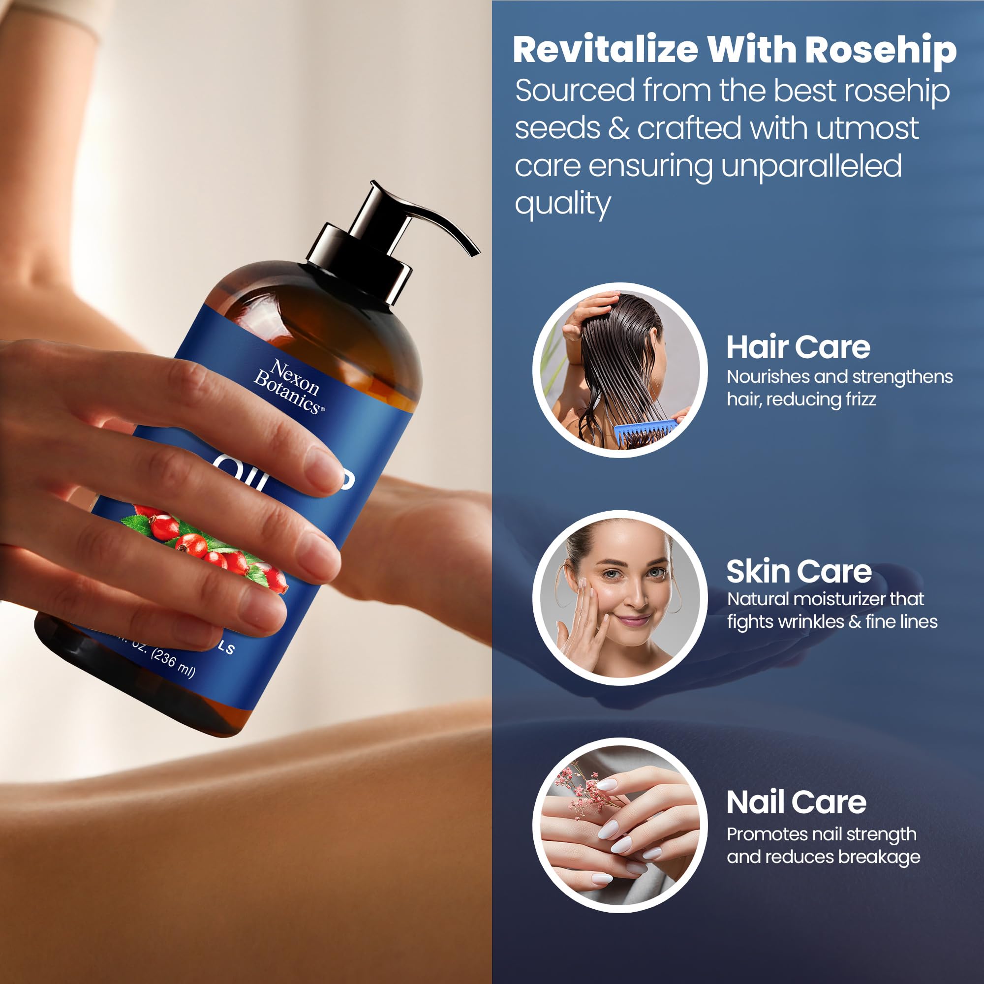 Nexon Botanics rosehip oil showing versatile use across face, body, and hair care.