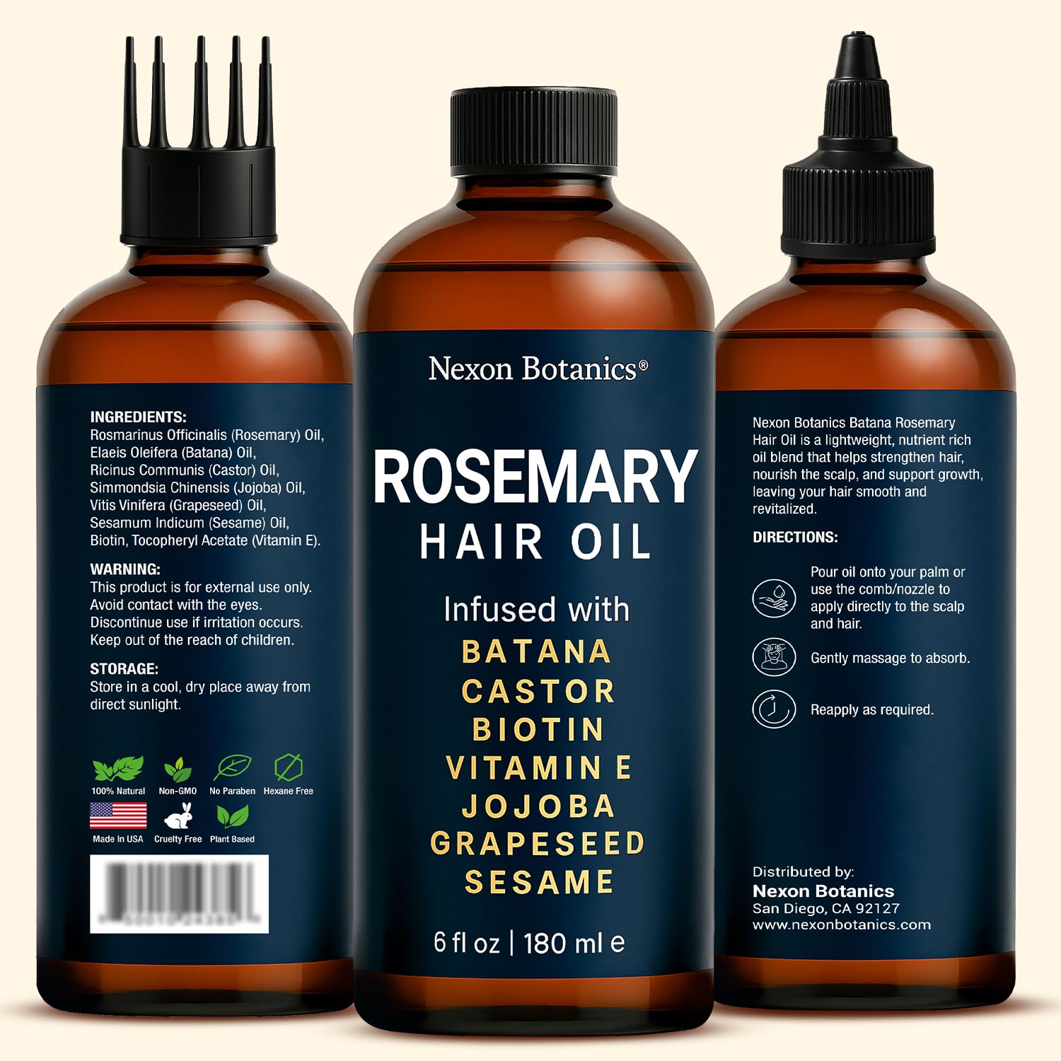 Nexon Botanics rosemary oil with batana and biotin ingredient close-up