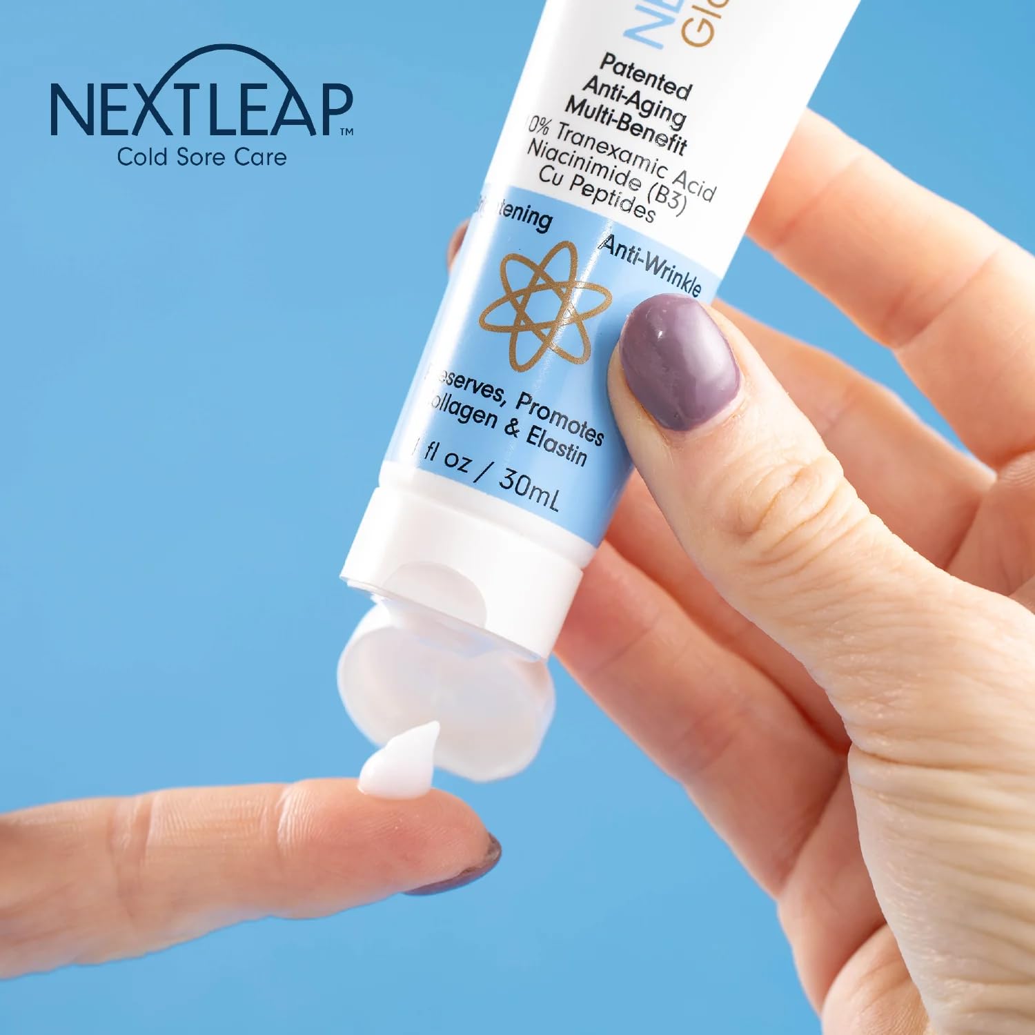 Next Leap Glow Serum standing cap dispensing for easy application