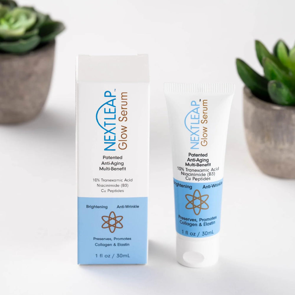 Next Leap Glow Serum on hands may improve texture and evenness