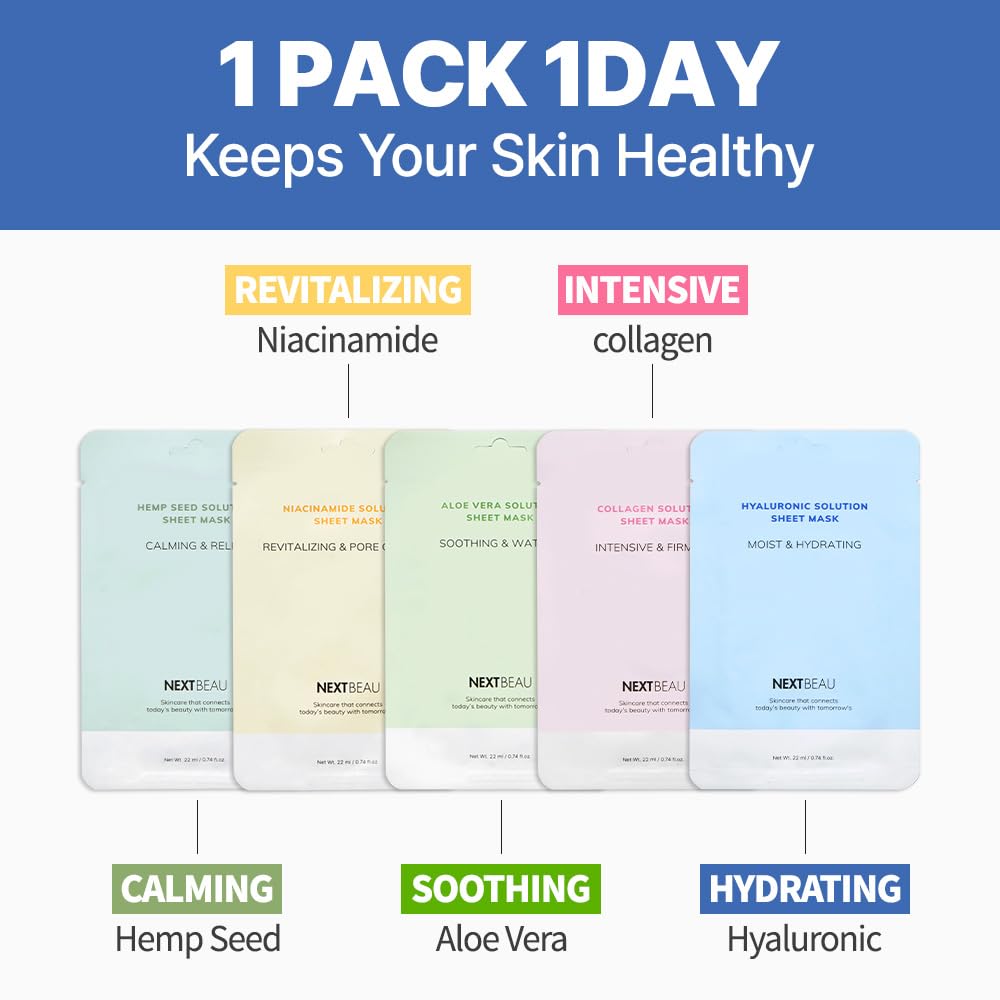 NEXTBEAU hemp seed sheet mask demonstrating moisture barrier support and calming effects.