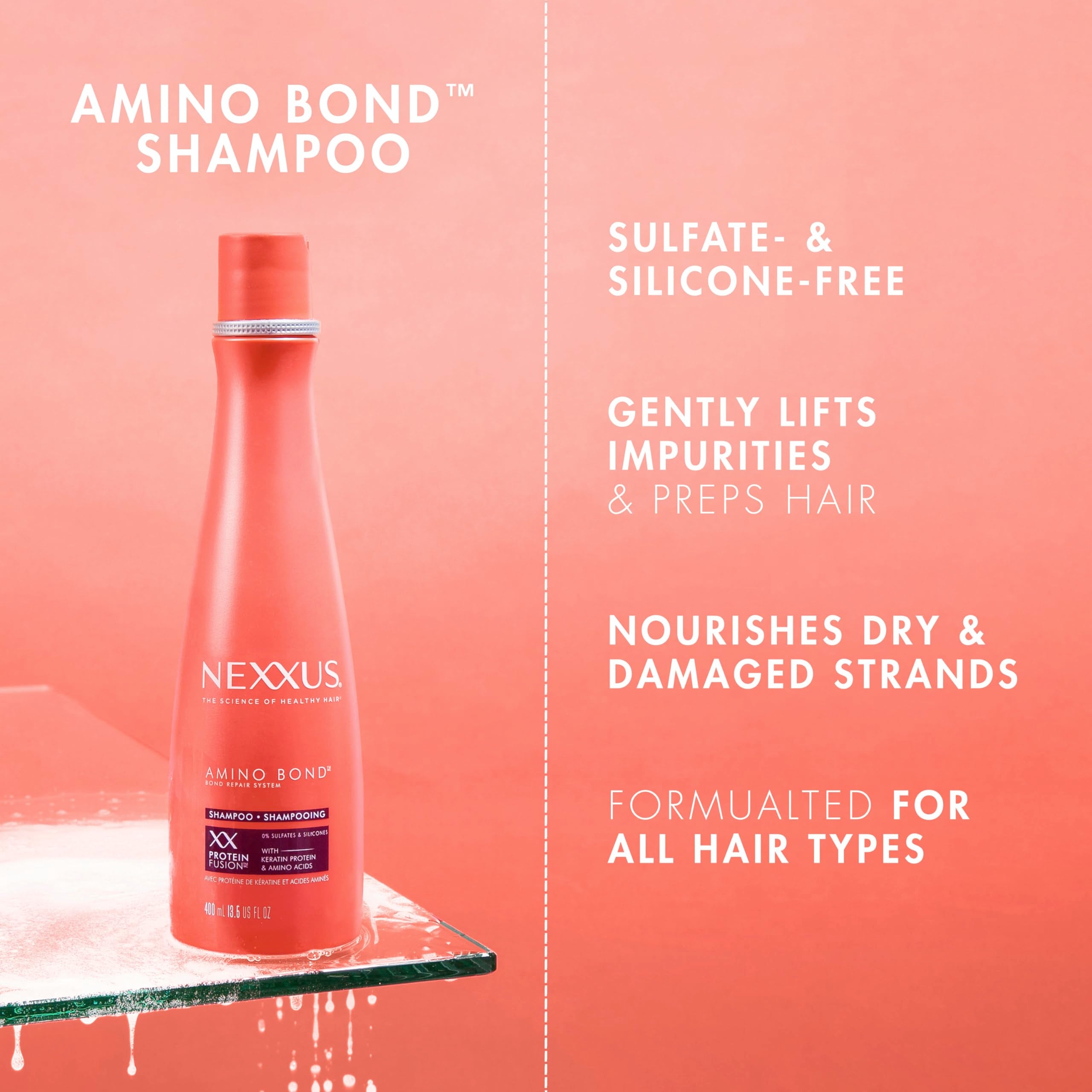 Nexxus Amino Bond Conditioner application shot emphasizes conditioning for bond repair benefits.