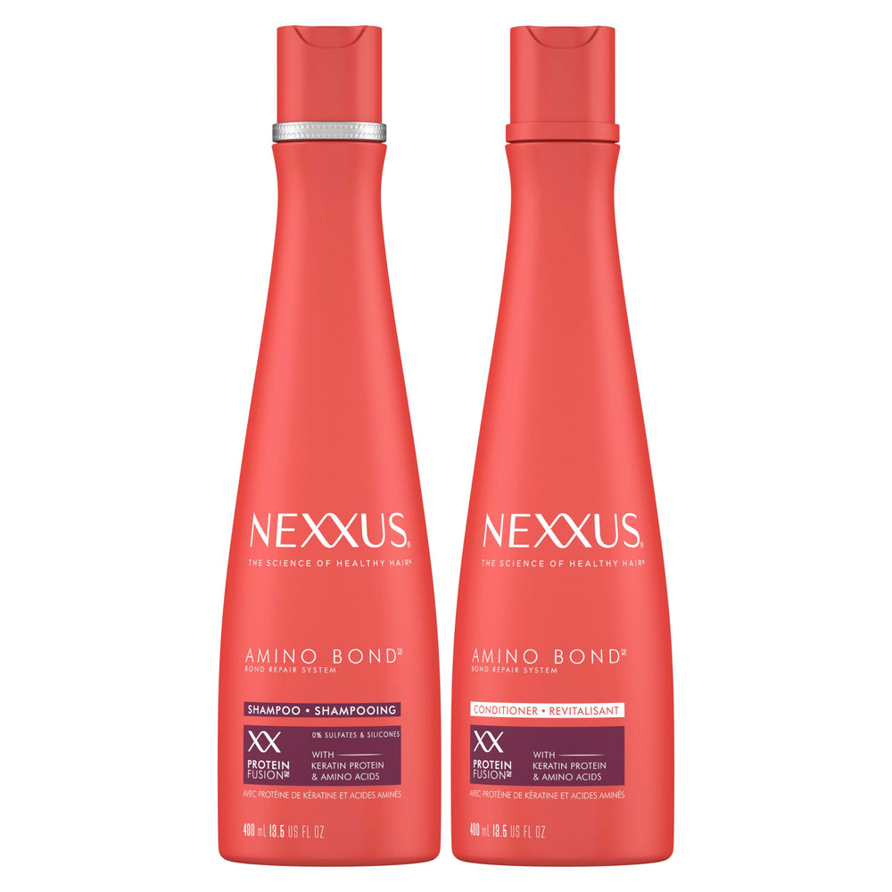 Nexxus Amino Bond Shampoo bottle shows cleansing for damaged strands.