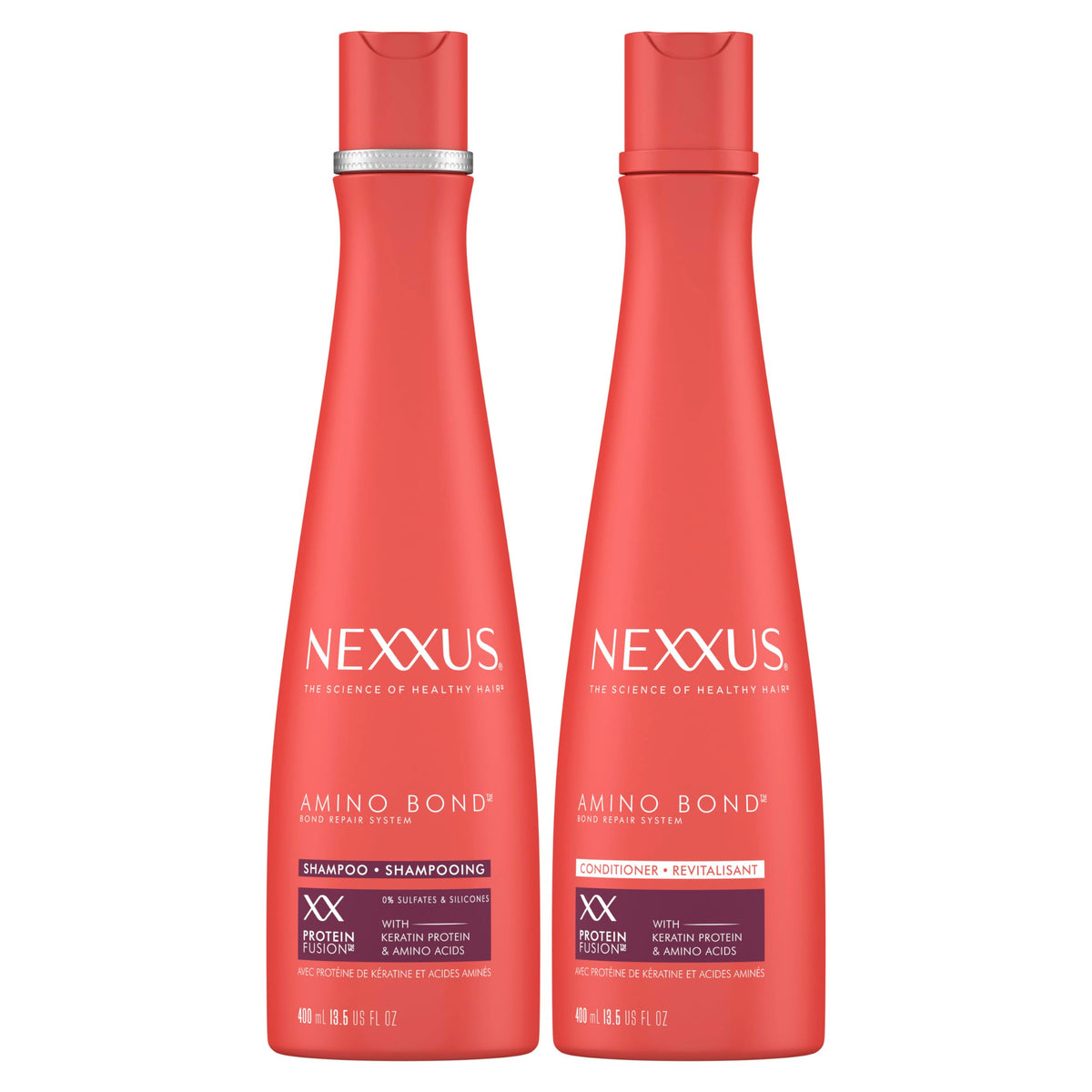 Nexxus Amino Bond Shampoo bottle shows cleansing for damaged strands.