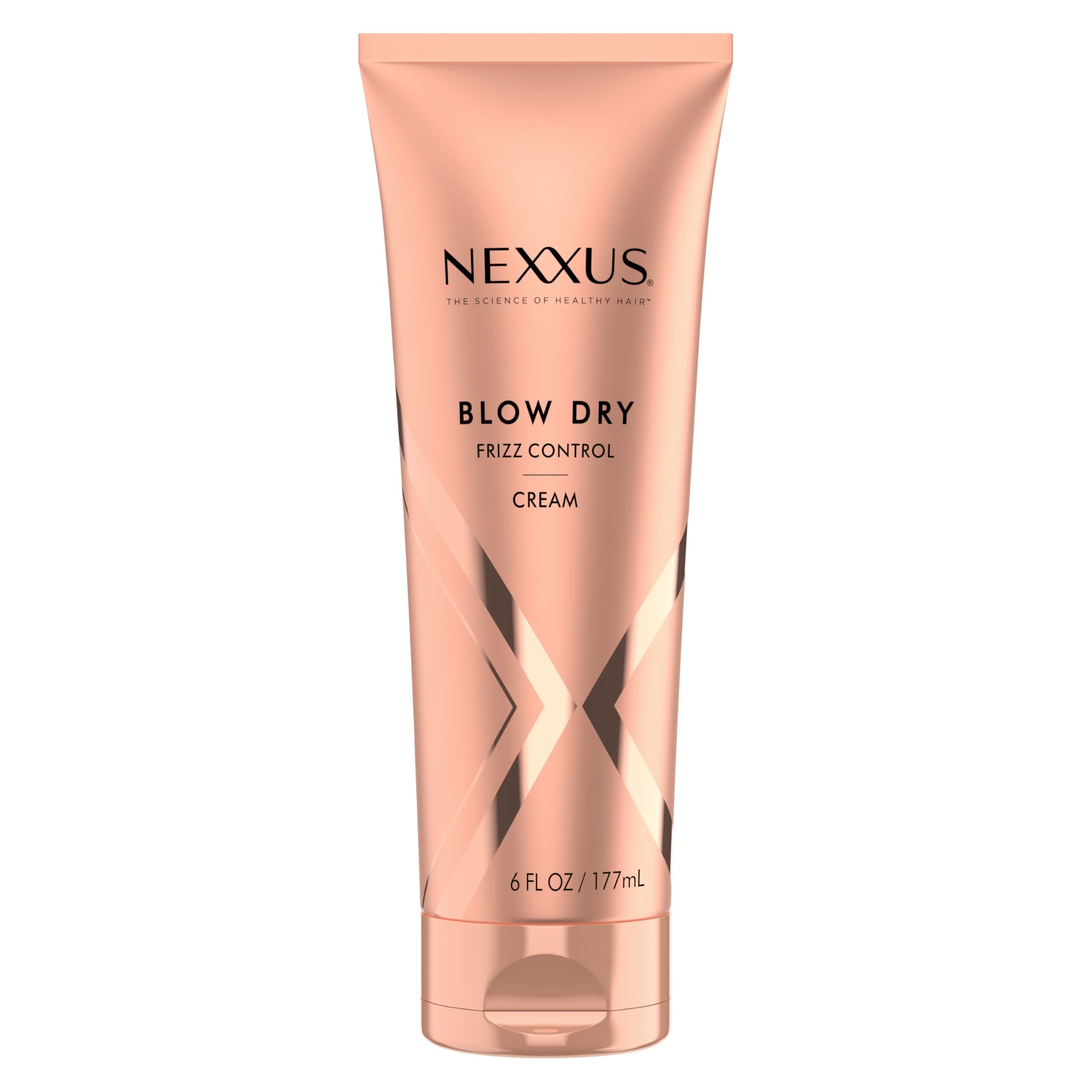 Nexxus Blow Dry Cream bottle shows weightless frizz control for smooth styling.