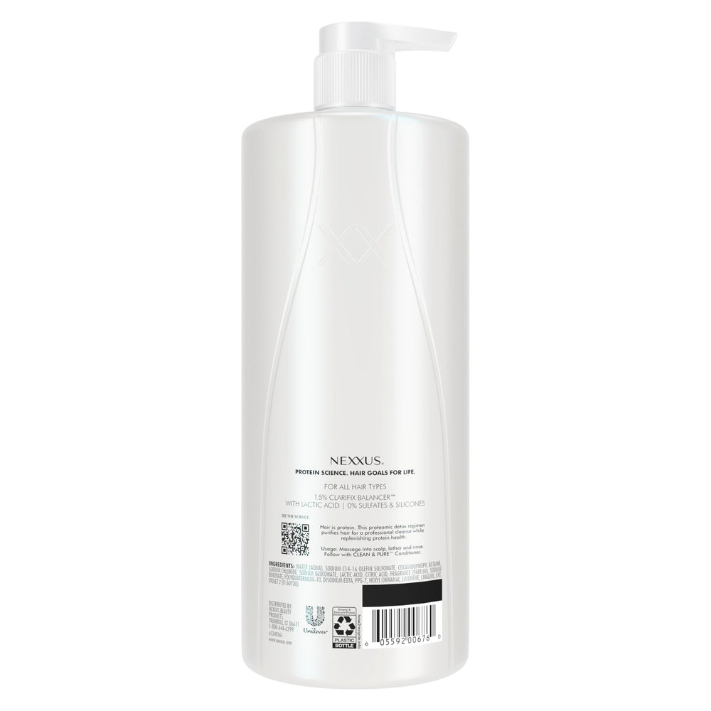 Nexxus Clean & Pure shampoo being poured for a hydrating cleanse
