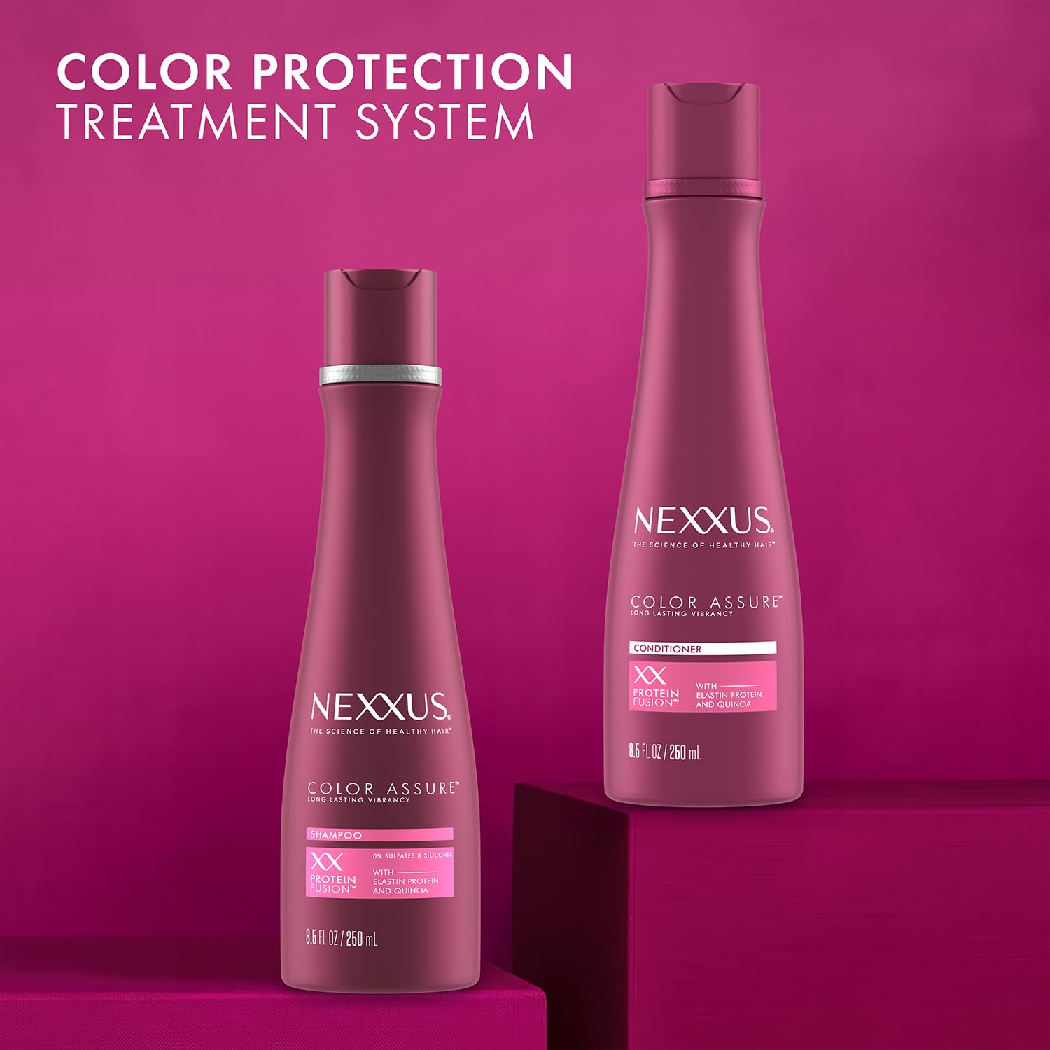 Nexxus Color Assure conditioner close-up shows protein-infused formula strengthening color-treated hair.