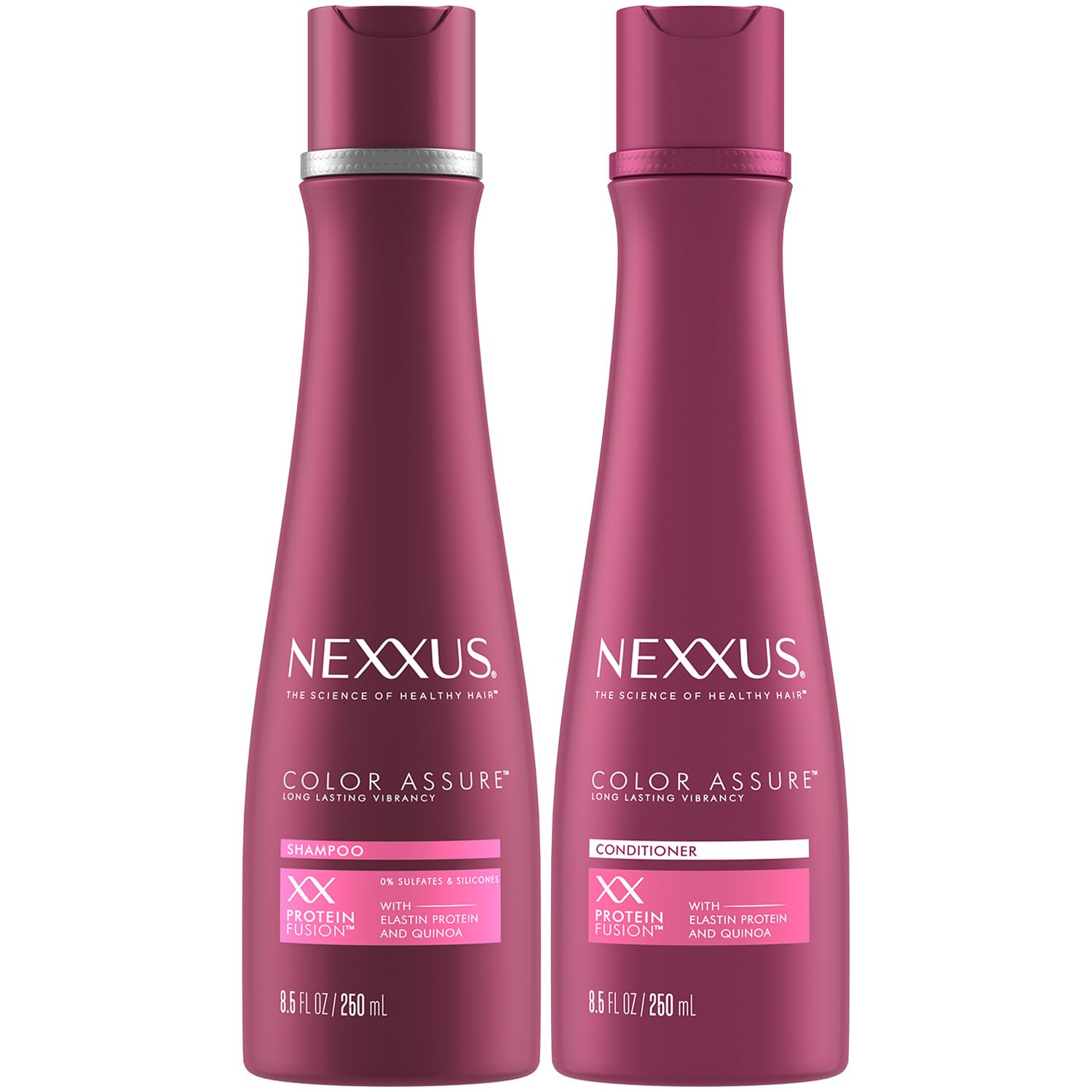 Nexxus Color Assure shampoo bottle shows color-safe formula for vibrant, lasting color.