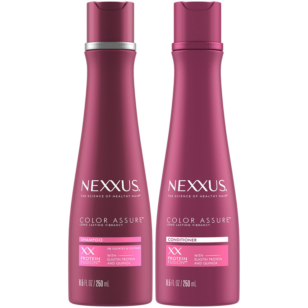 Nexxus Color Assure shampoo bottle shows color-safe formula for vibrant, lasting color.