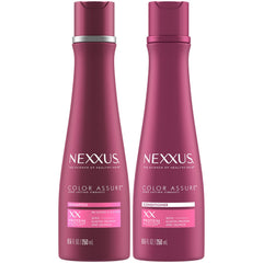 Nexxus Color Assure shampoo bottle shows color-safe formula for vibrant, lasting color.