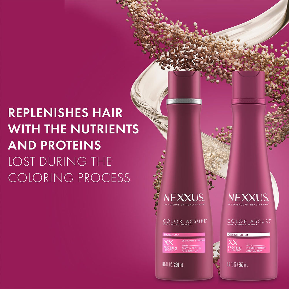 Nexxus Color Assure shampoo lather demonstrates gentle daily cleansing for color care.