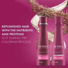 Nexxus Color Assure shampoo lather demonstrates gentle daily cleansing for color care.