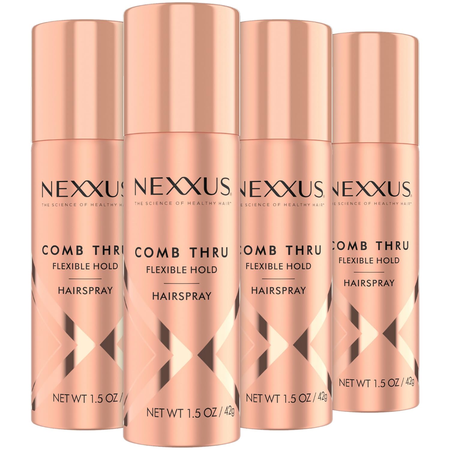 Nexxus Comb Thru travel four-pack bottles in a pack shot for on-the-go flexible hold