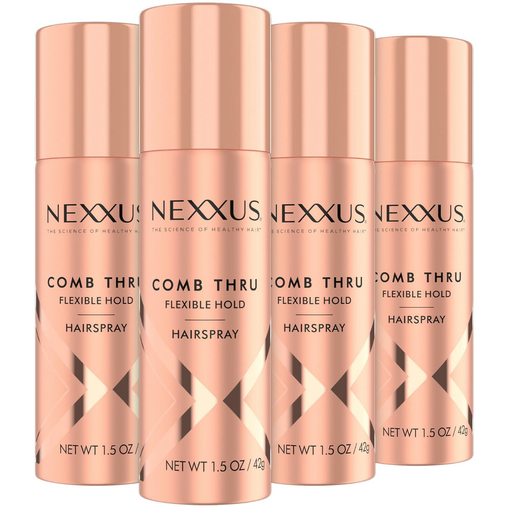 Nexxus Comb Thru travel four-pack bottles in a pack shot for on-the-go flexible hold