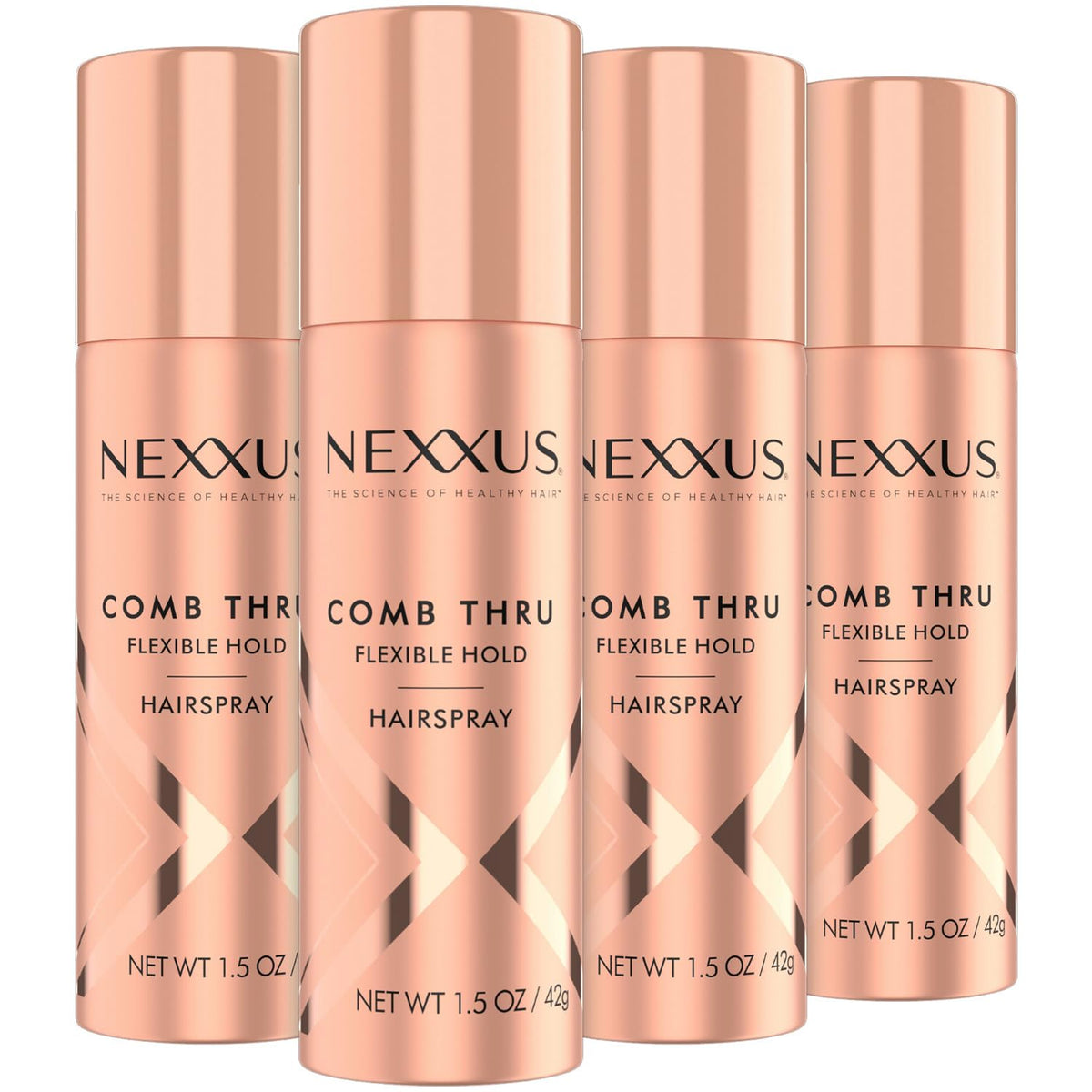 Nexxus Comb Thru travel four-pack bottles in a pack shot for on-the-go flexible hold