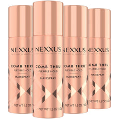 Nexxus Comb Thru travel four-pack bottles in a pack shot for on-the-go flexible hold