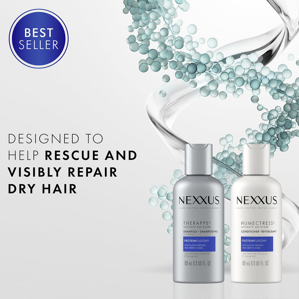 Close-up of Nexxus Therappe bottle highlighting creamy moisture on hair.
