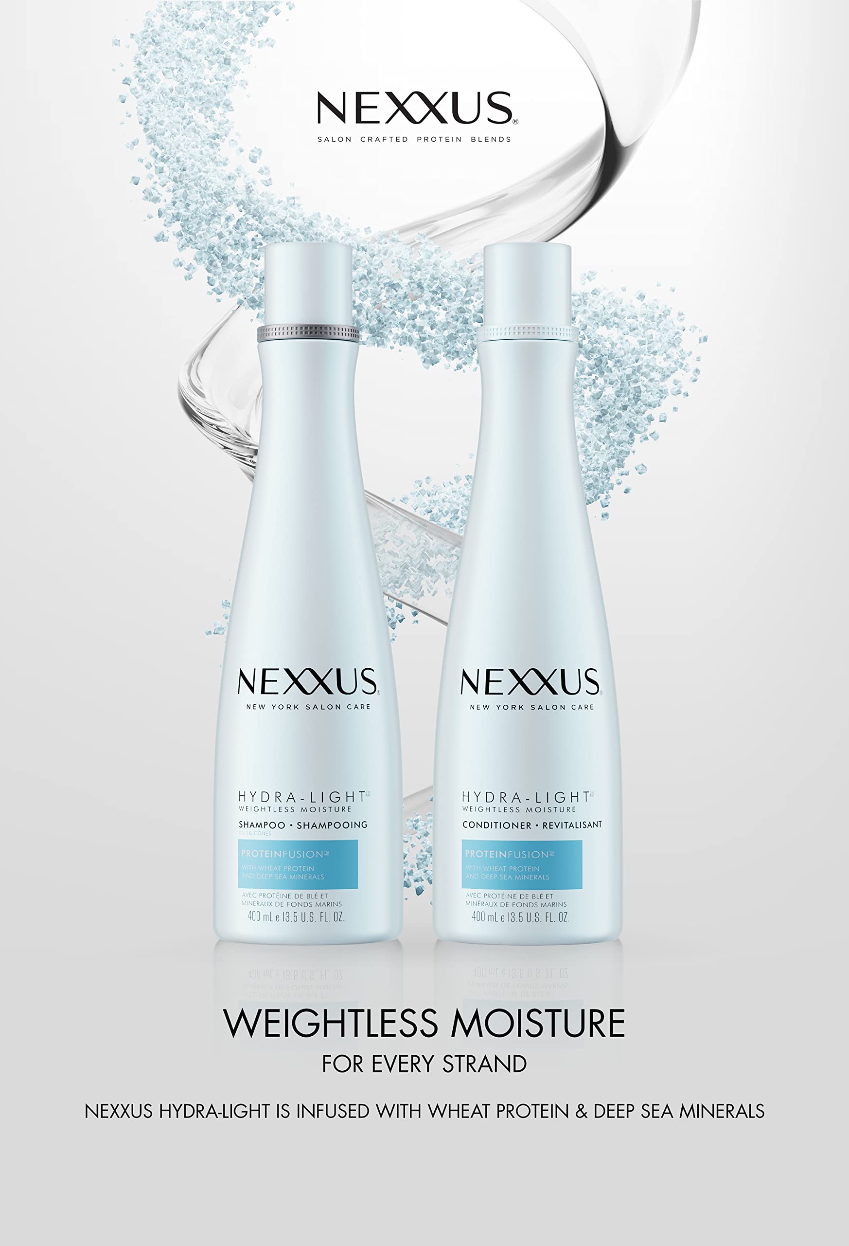 Nexxus Hydra-Light Proteinfusion graphic – highlights wheat protein and deep sea minerals