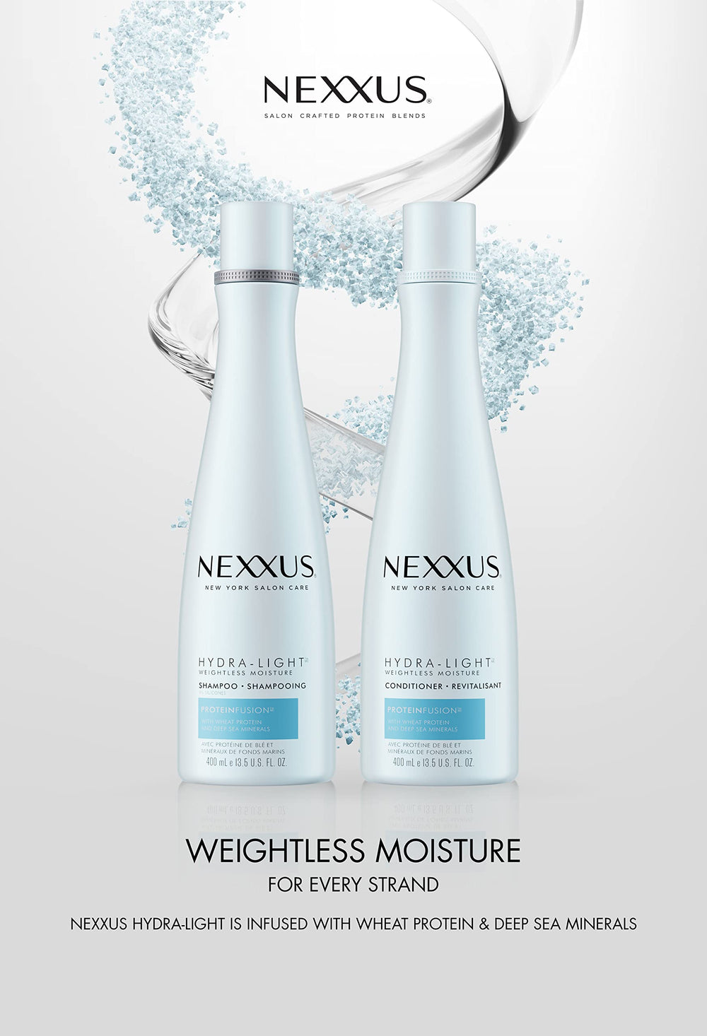 Nexxus Hydra-Light Proteinfusion graphic – highlights wheat protein and deep sea minerals