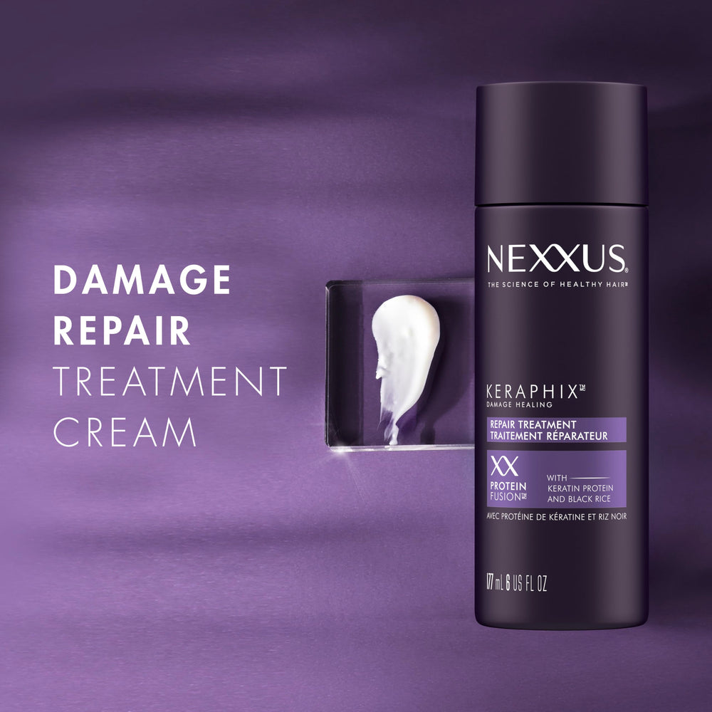 Nexxus Keraphix cream texture close-up highlights keratin-protein and black rice benefits