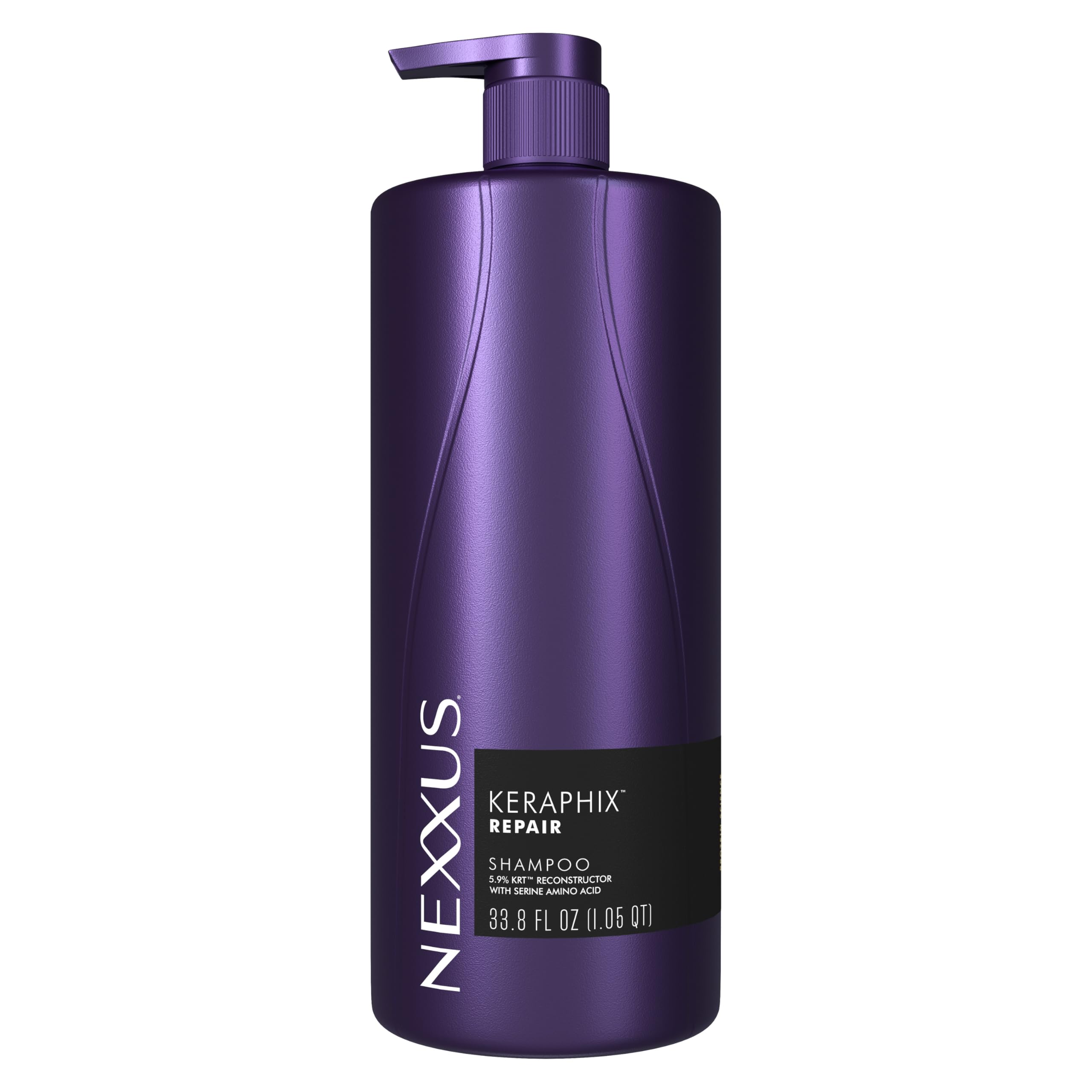 Nexxus Keraphix shampoo bottle closeup showing salon-grade repair for damaged hair