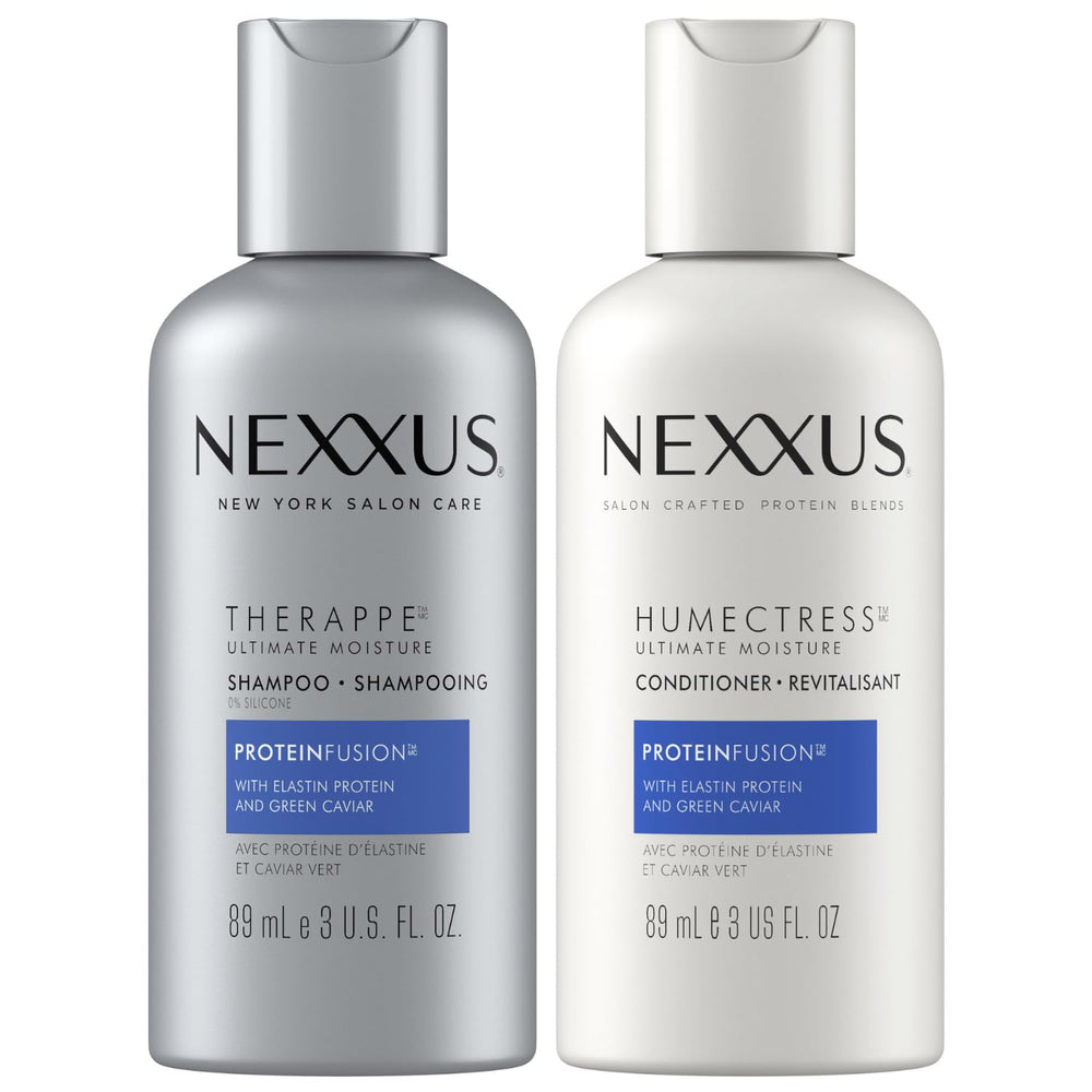 Nexxus Therappe shampoo bottle pouring for lasting moisture.
