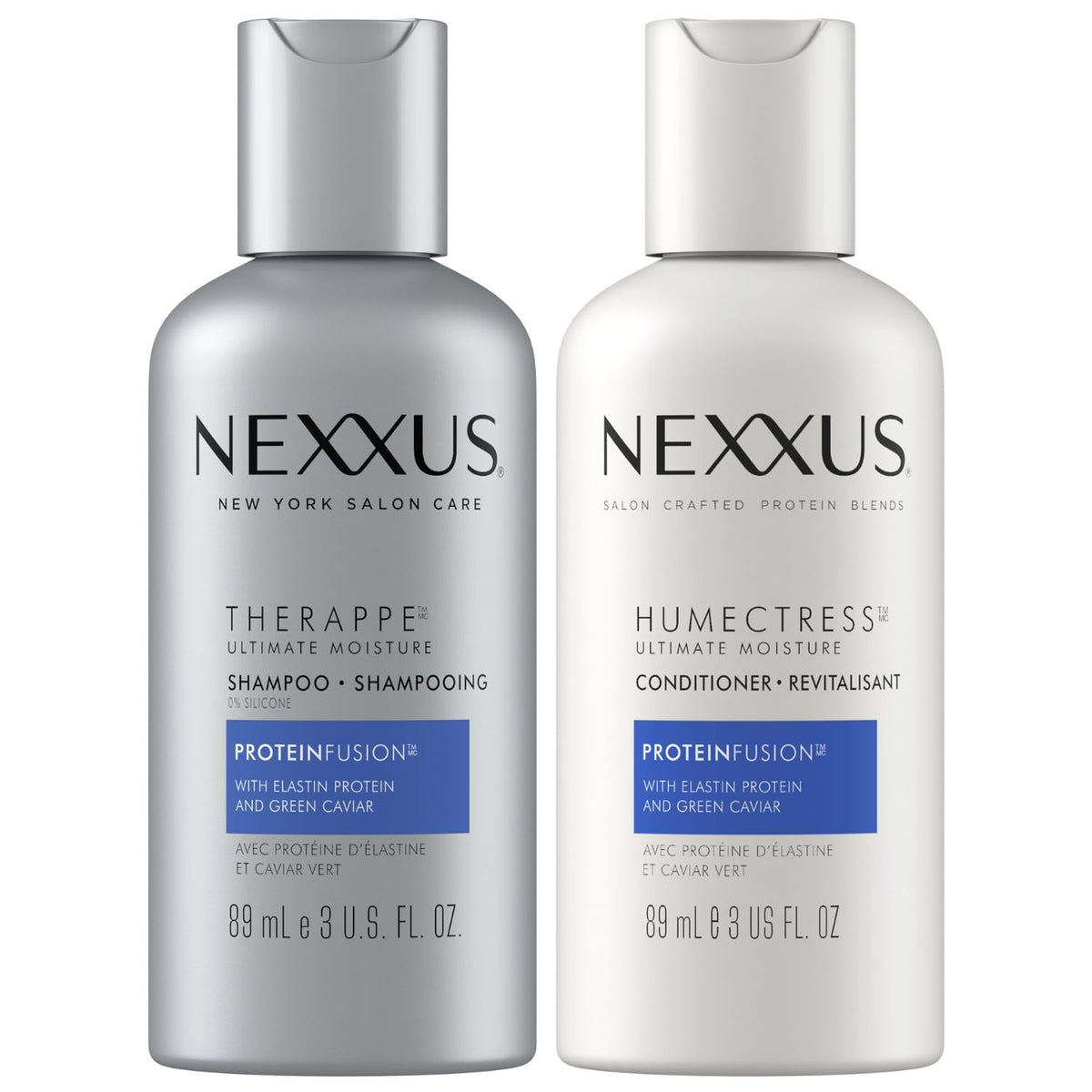 Nexxus Therappe shampoo bottle pouring for lasting moisture.