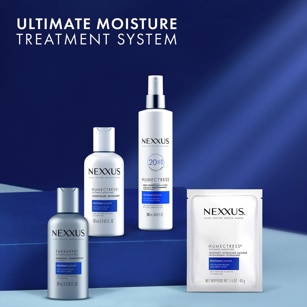 Nexxus Therappe and Humectress duo on bathroom shelf for travel-ready routine.