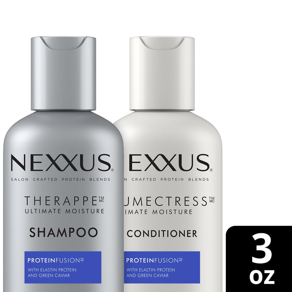 Nexxus travel-size packaging shown for on-the-go hydration.
