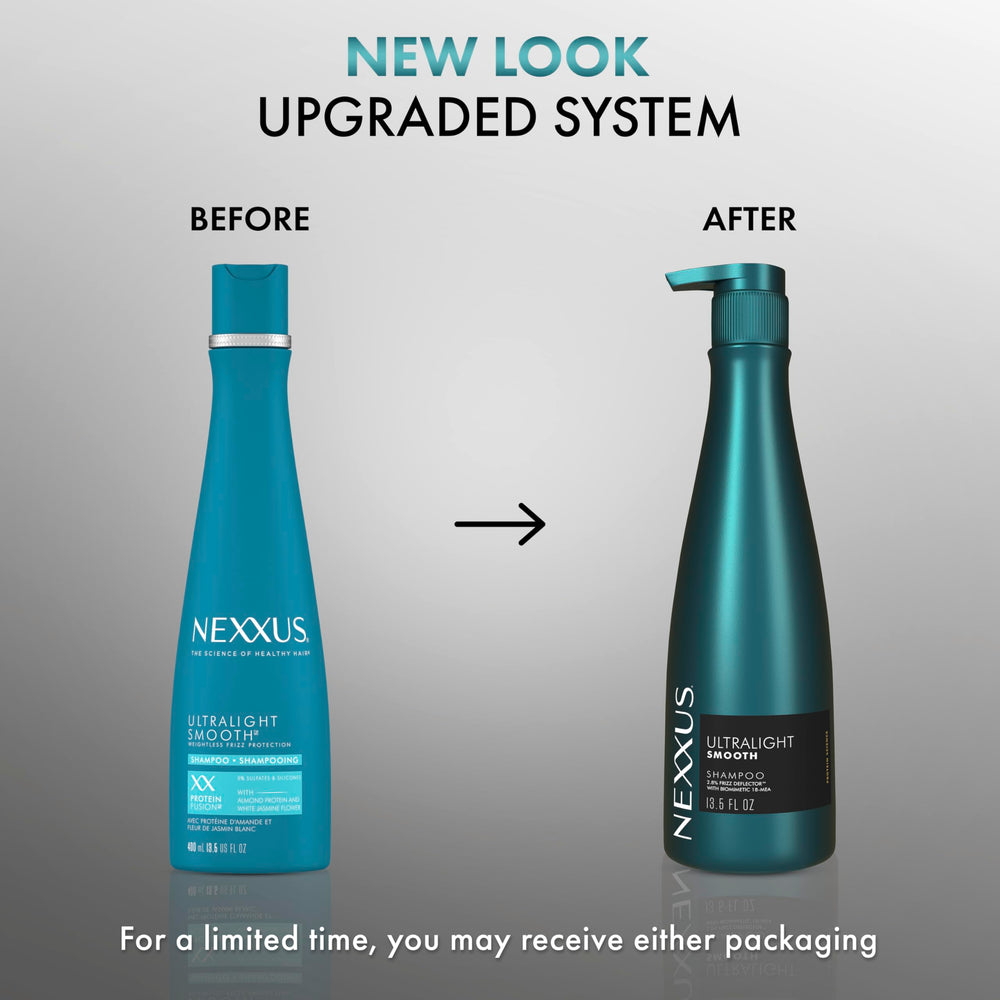 Nexxus Ultralight Smooth Conditioner bottle demonstrates system compatibility and smooth foundation.