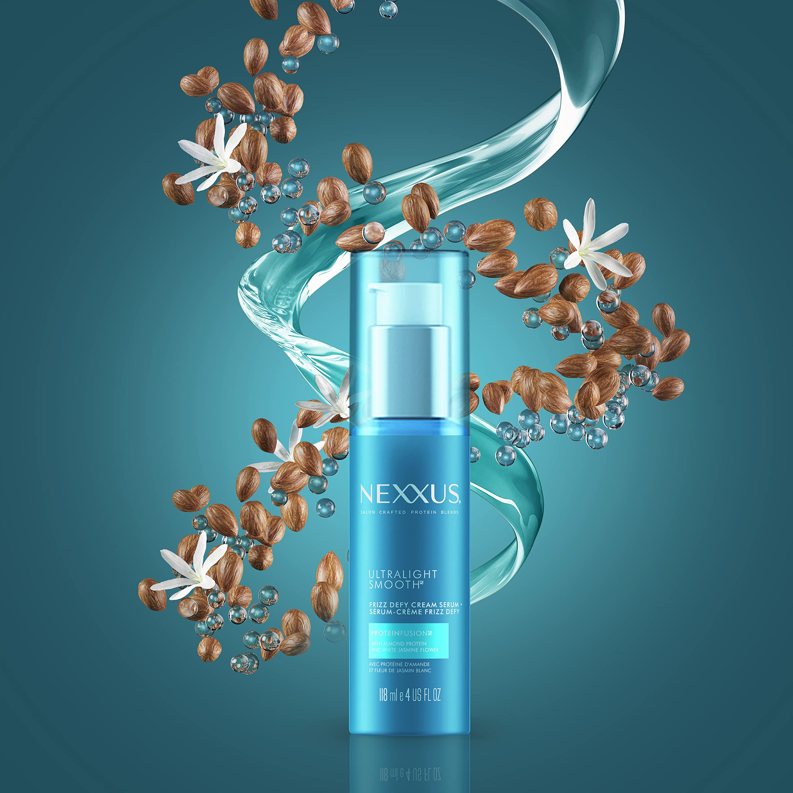 Nexxus Ultralight Smooth Frizz Defy Serum product image hints at heat protection and humidity shield.