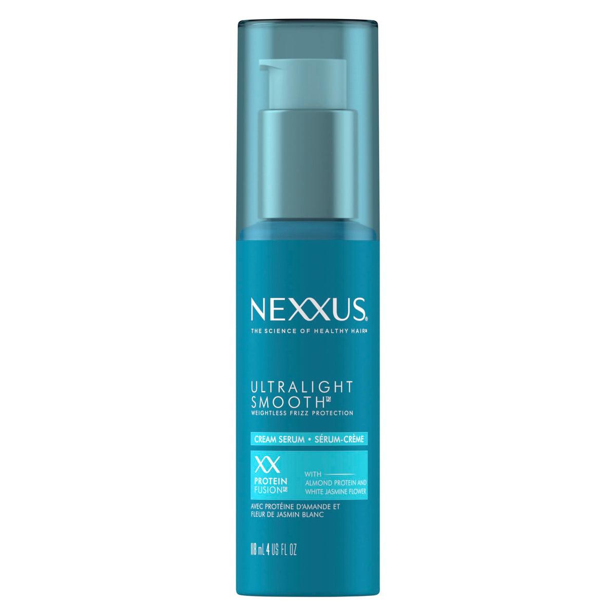 Nexxus Ultralight Smooth Frizz Defy Serum bottle demonstrates lightweight frizz control for humidity.