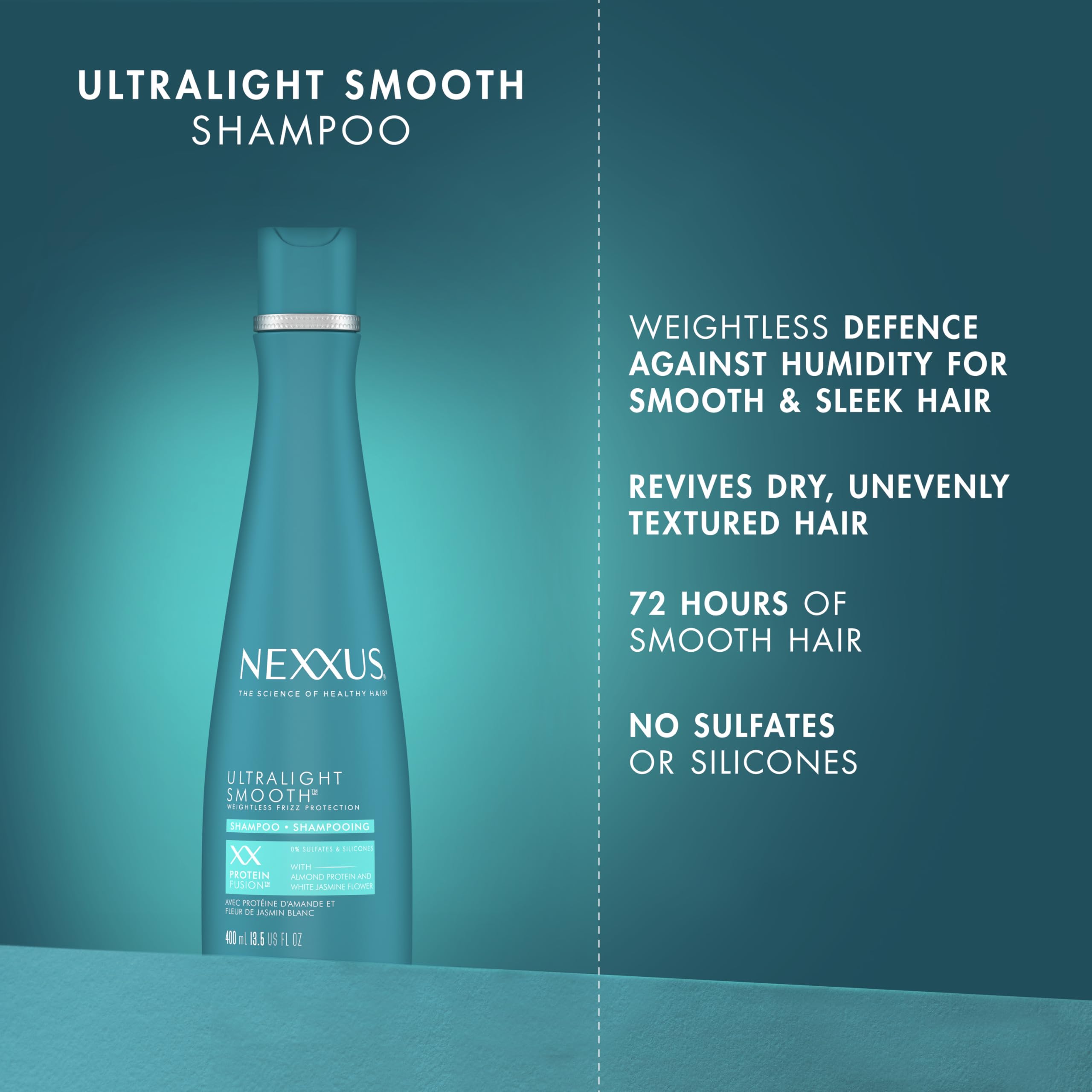 Nexxus Ultralight Smooth Frizz Defy Serum drops ready for hair shine and control.