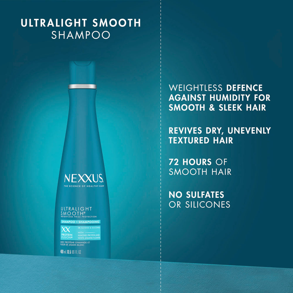 Nexxus Ultralight Smooth Frizz Defy Serum drops ready for hair shine and control.