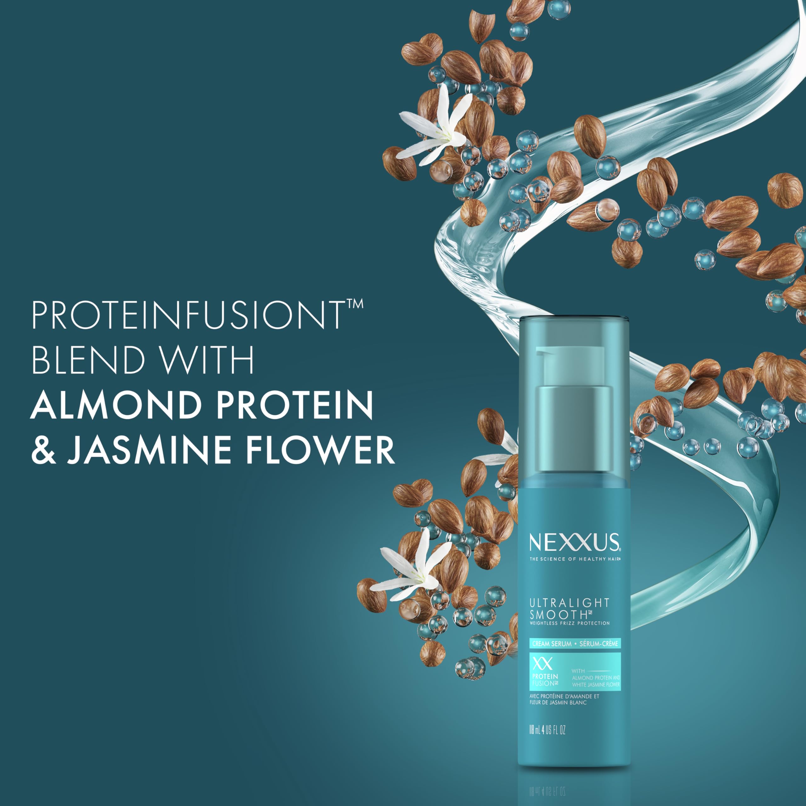 Nexxus Ultralight Smooth Frizz Defy Serum on hand demonstrates quick frizz taming for on-the-go styling.