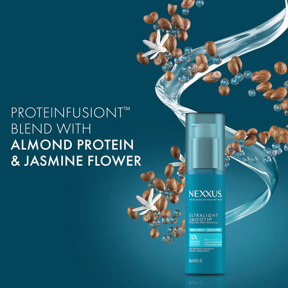 Nexxus Ultralight Smooth Frizz Defy Serum on hand demonstrates quick frizz taming for on-the-go styling.