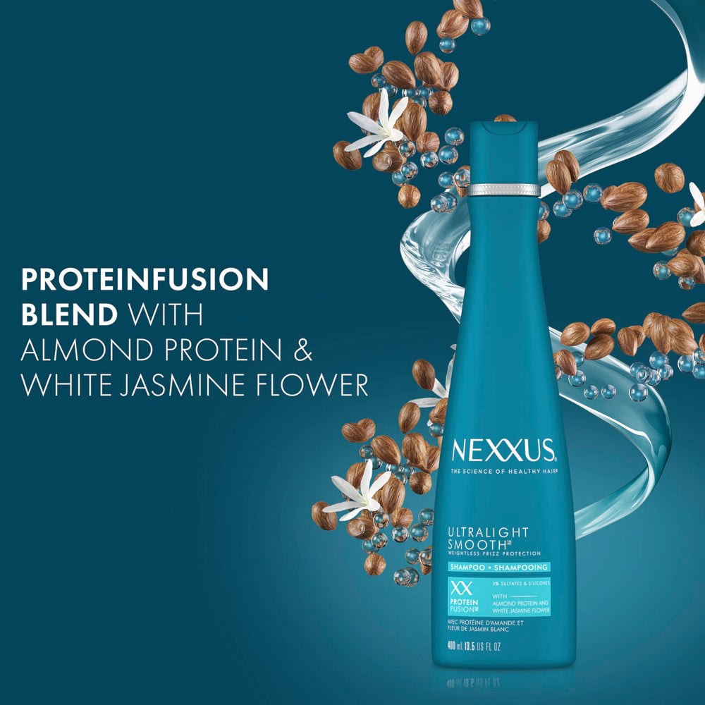 Close-up of silky hair after wash with Nexxus Ultralight Smooth Shampoo.