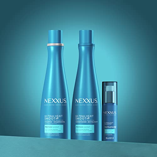 Serum application bottle with hair styling on a counter top.