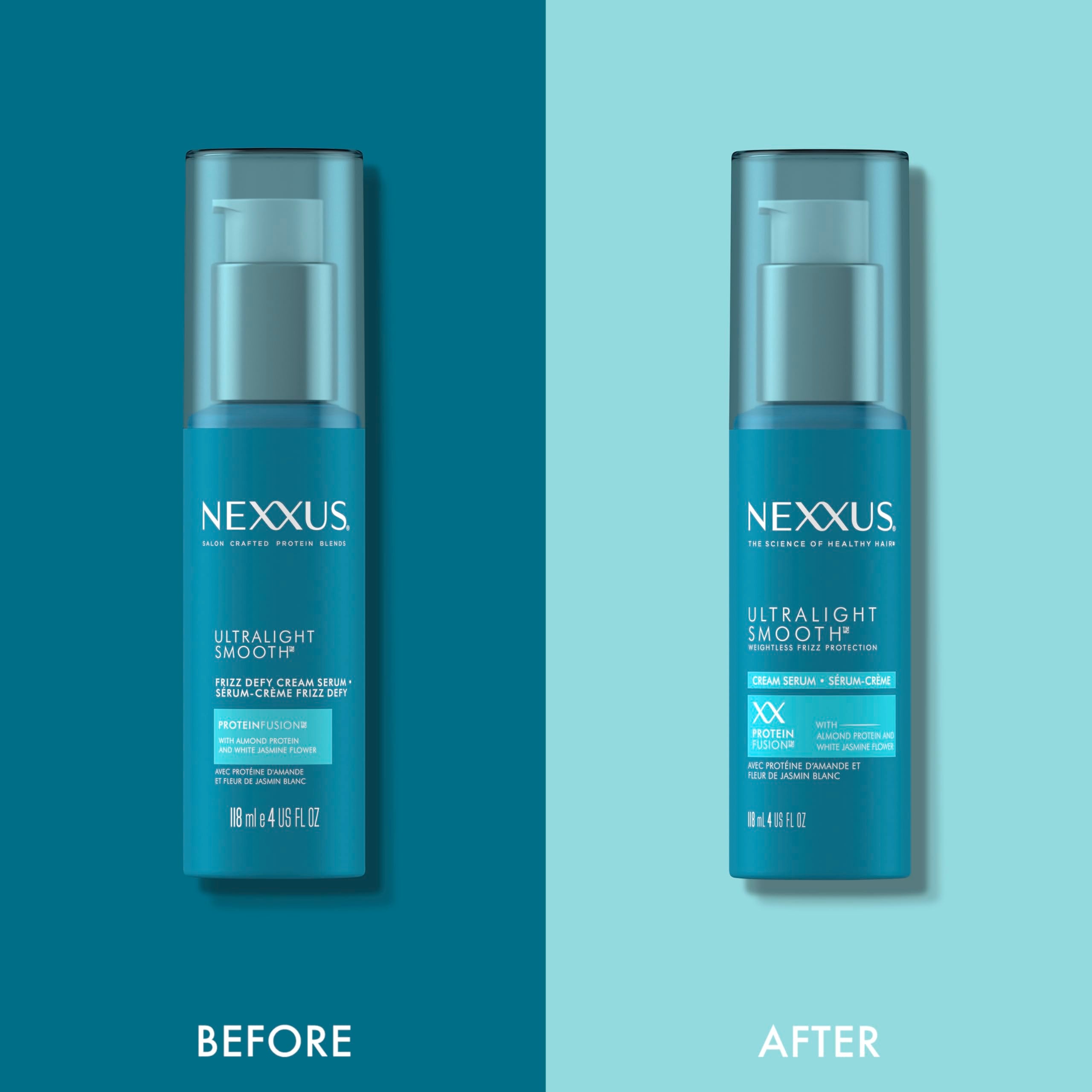 Nexxus Ultralight Smooth Serum closeup reveals glossy, frizz-free strands.