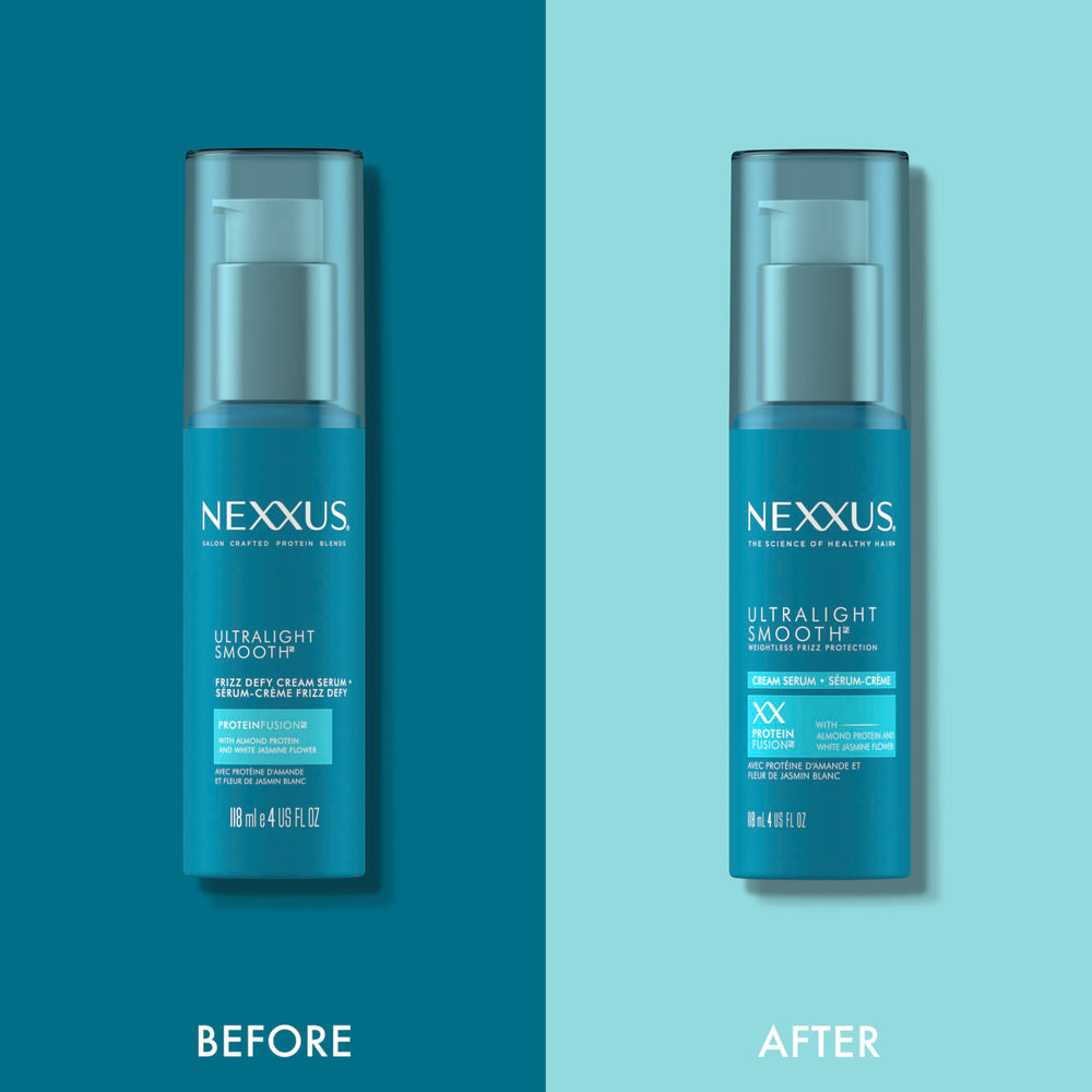 Nexxus Ultralight Smooth Serum closeup reveals glossy, frizz-free strands.