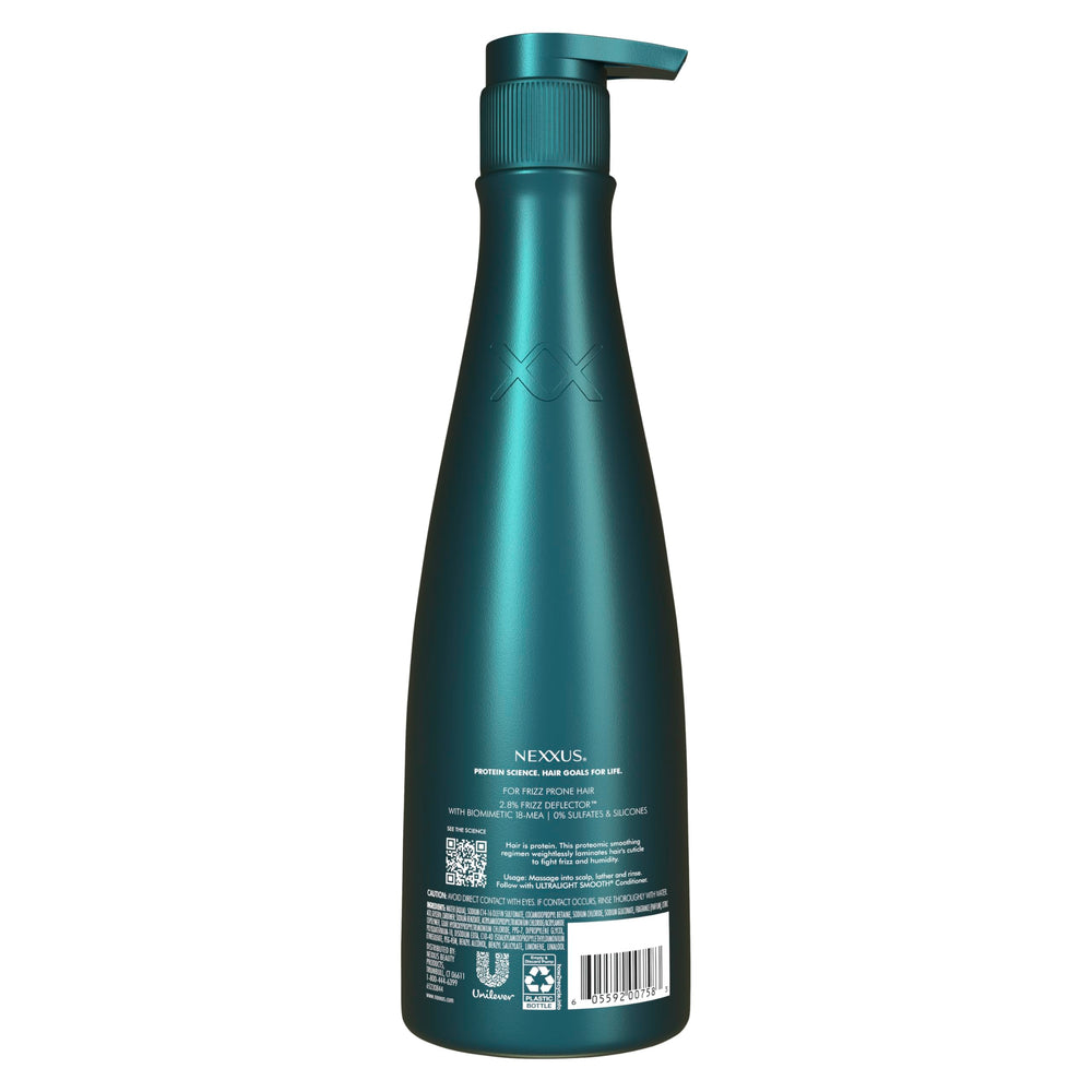 Nexxus Ultralight Smooth Shampoo lather close-up shows gentle cleansing for frizz-prone hair.