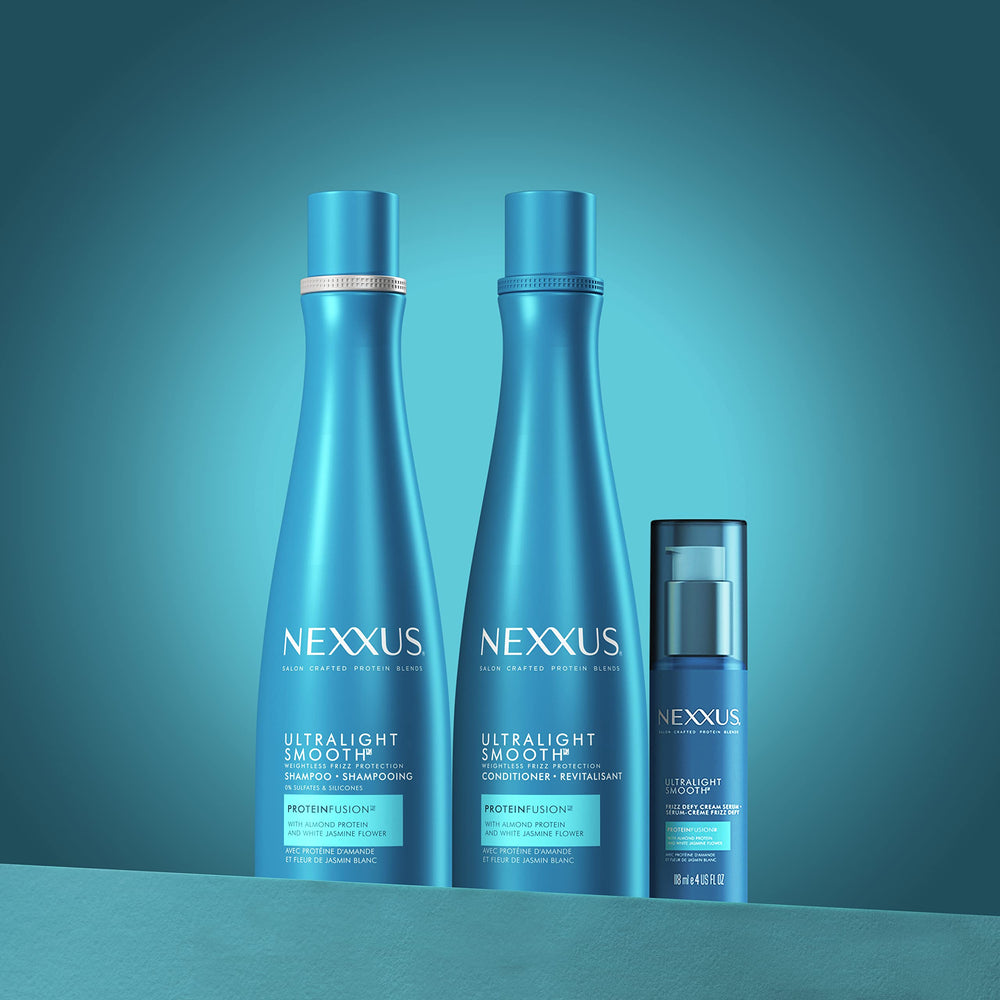 Nexxus Ultralight Smooth System display demonstrates a streamlined routine for smoother hair.