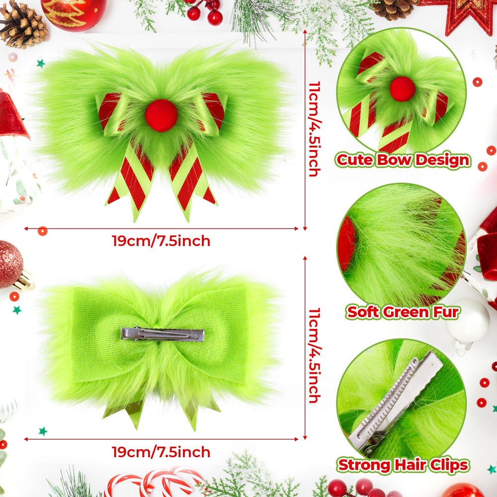 NFAMRZCAR green furry hair bow clip showcased for holiday styling.