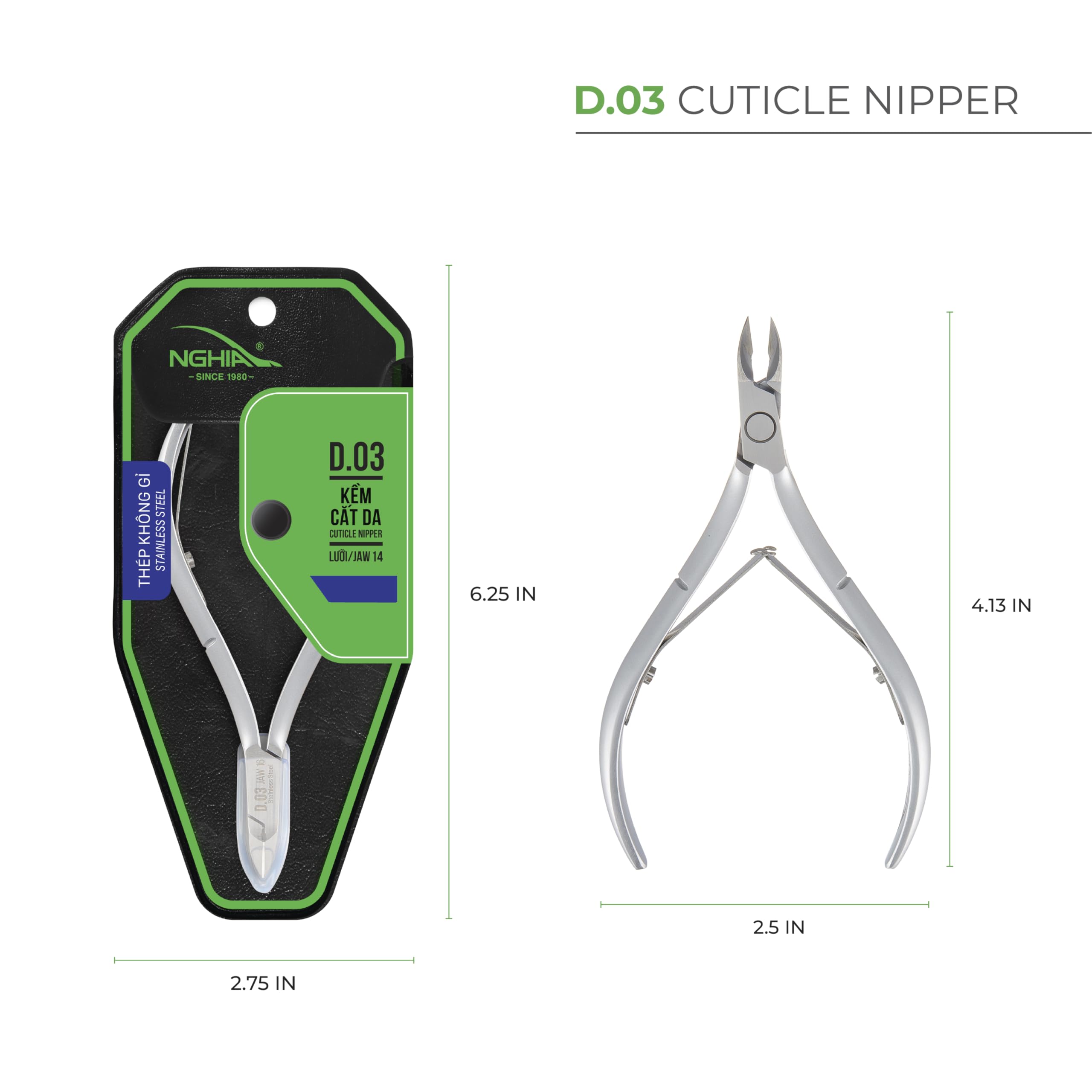 NGHIA cuticle nipper D-03 jaw16 double-spring mechanism enables smooth, controlled trimming.