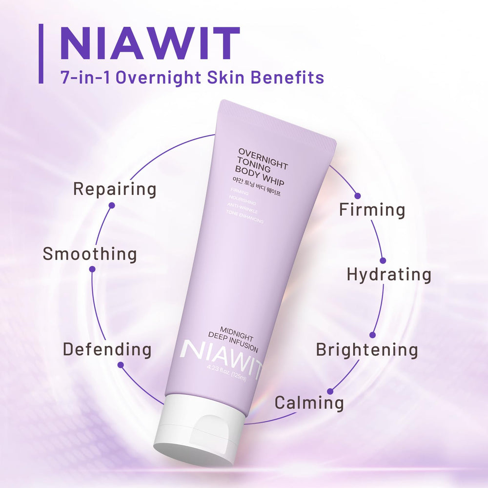 NIAWIT Overnight Toning Body Whip on thigh highlights smoothing and hydration potential.