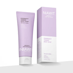 NIAWIT Overnight Toning Body Whip bottle close-up shows rich cream for overnight firming.