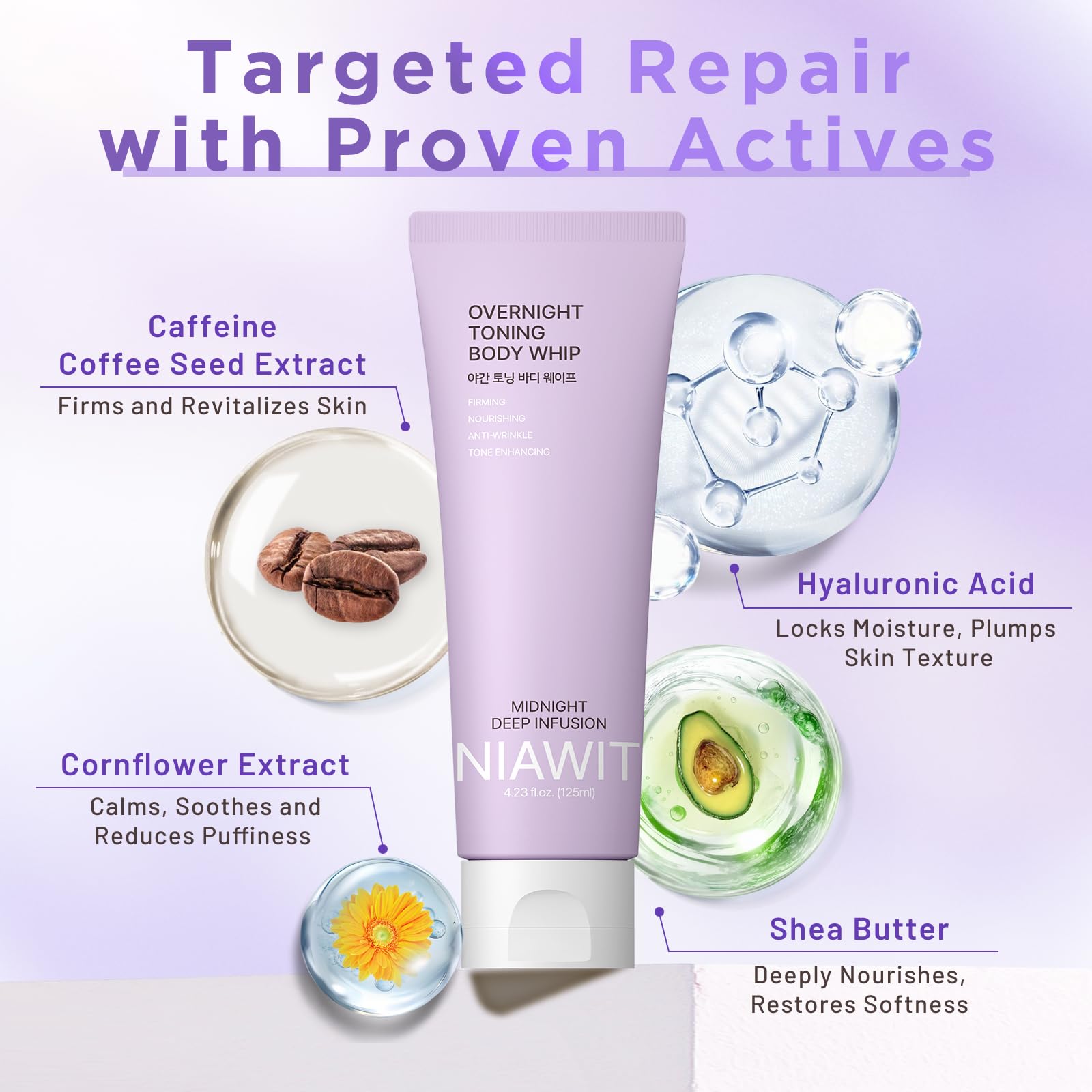 NIAWIT Overnight Toning Body Whip texture closeup reveals silky, fast-absorbing cream.